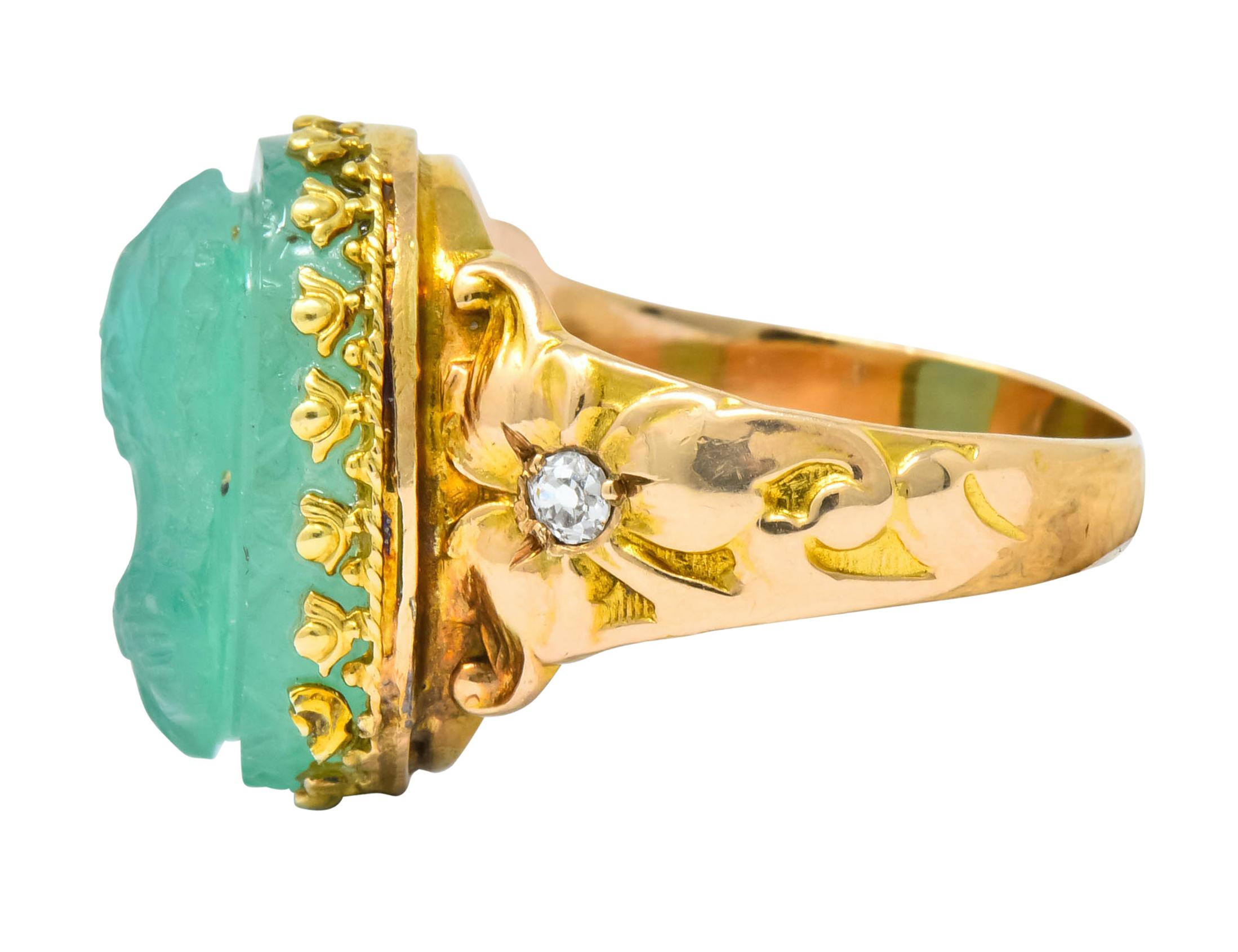 Women's or Men's Art Nouveau Emerald Diamond 14 Karat Gold Cameo Ring