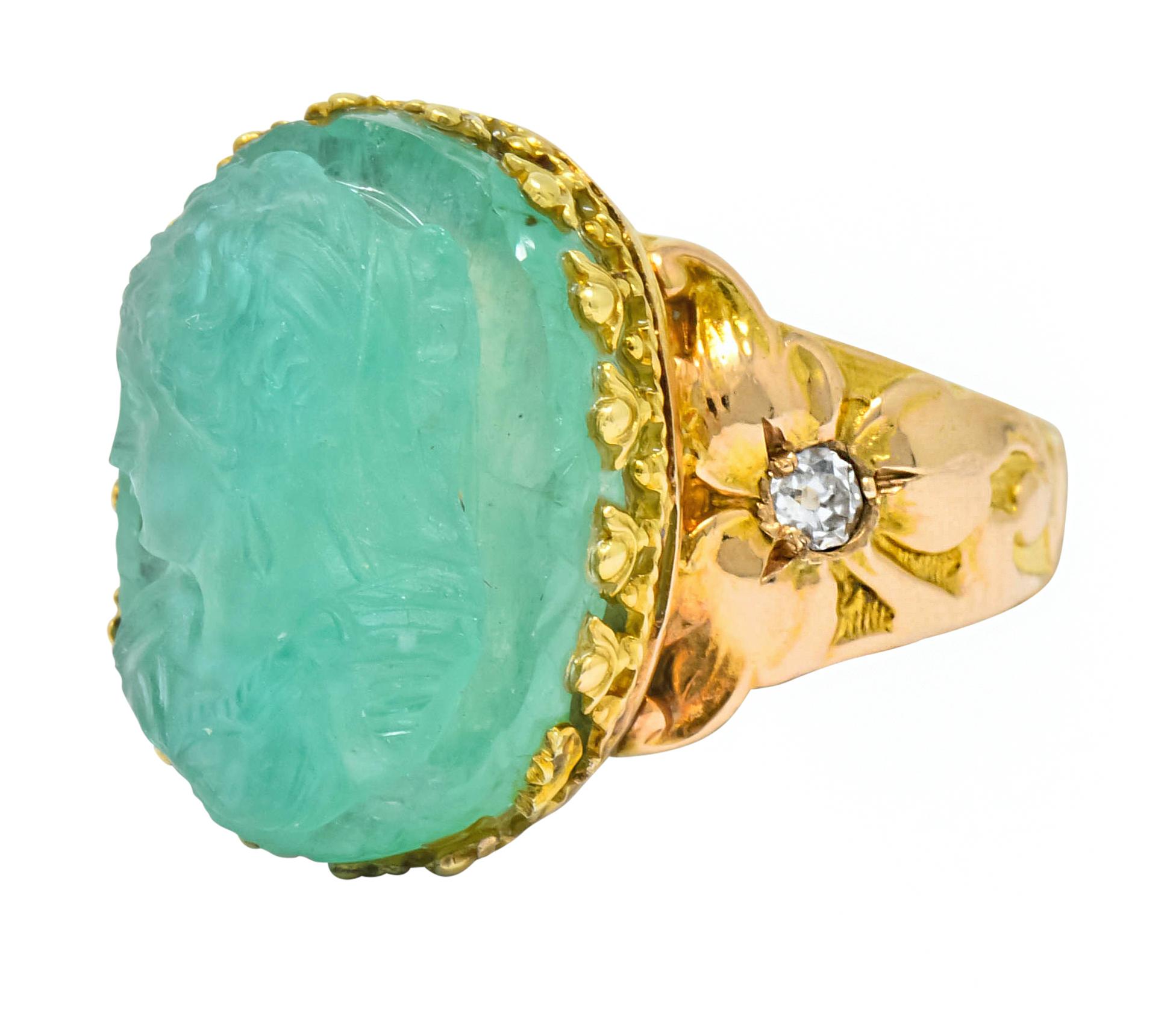 Art Nouveau Emerald Diamond 14 Karat Gold Cameo Ring 1