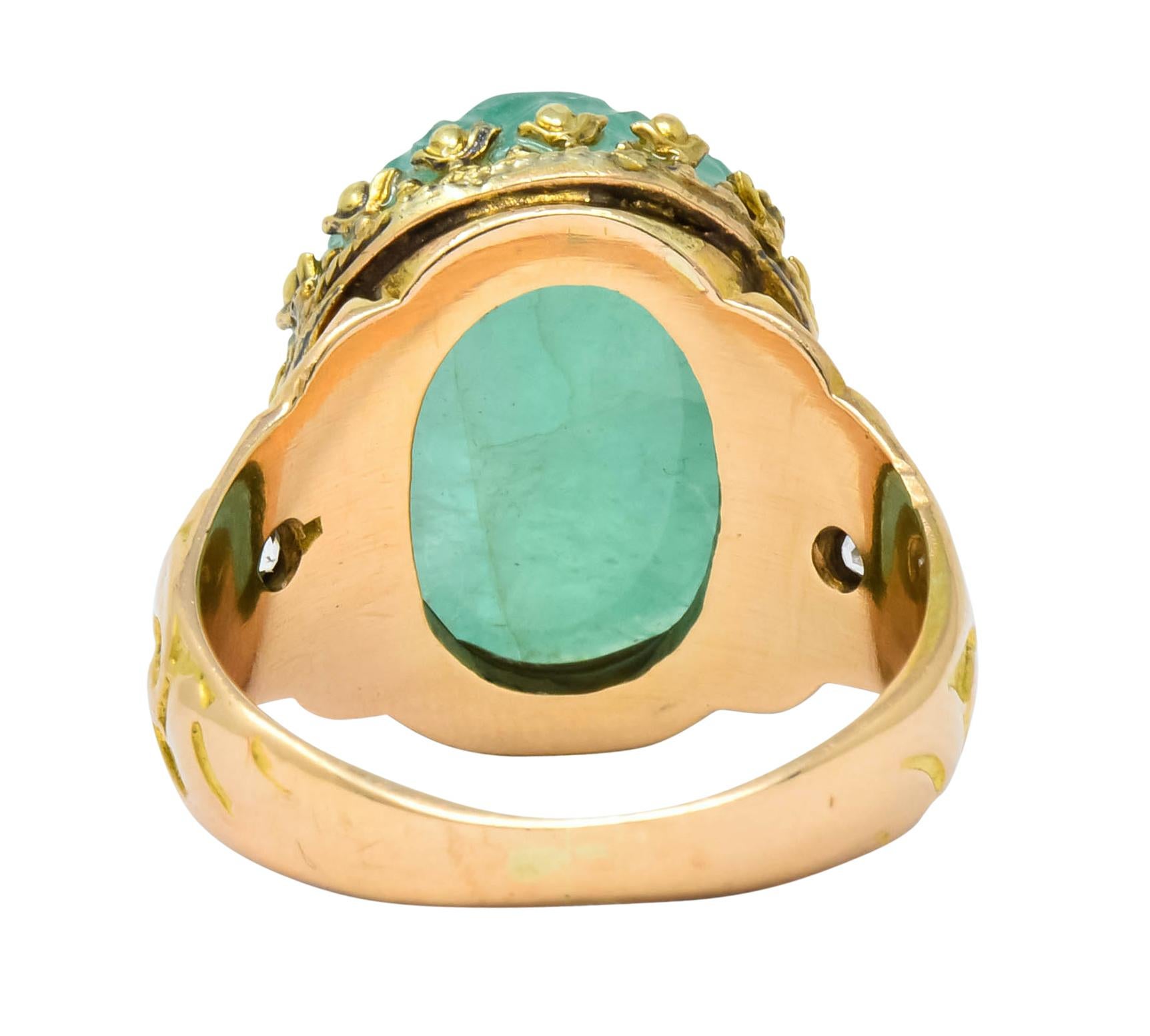 Art Nouveau Emerald Diamond 14 Karat Gold Cameo Ring 2