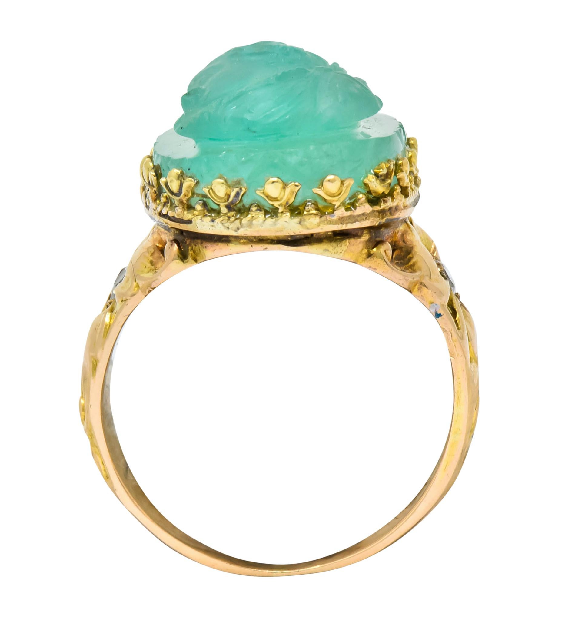 Art Nouveau Emerald Diamond 14 Karat Gold Cameo Ring 3