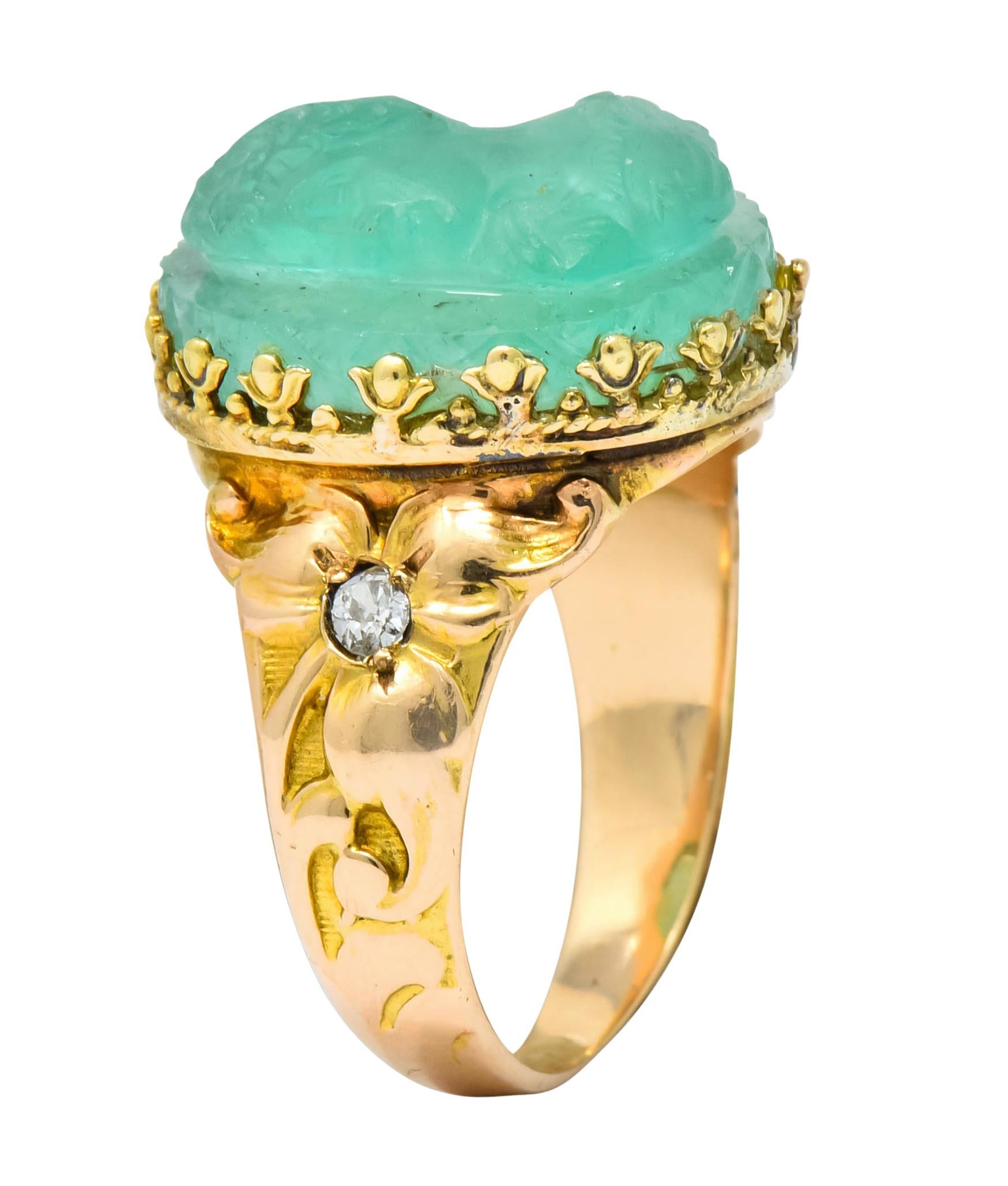 Art Nouveau Emerald Diamond 14 Karat Gold Cameo Ring 4