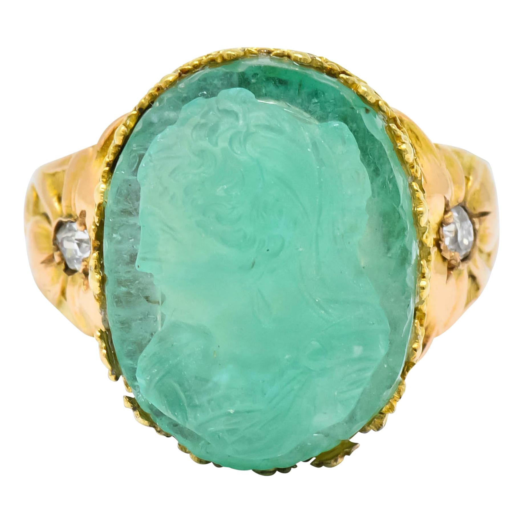 Art Nouveau Emerald Diamond 14 Karat Gold Cameo Ring