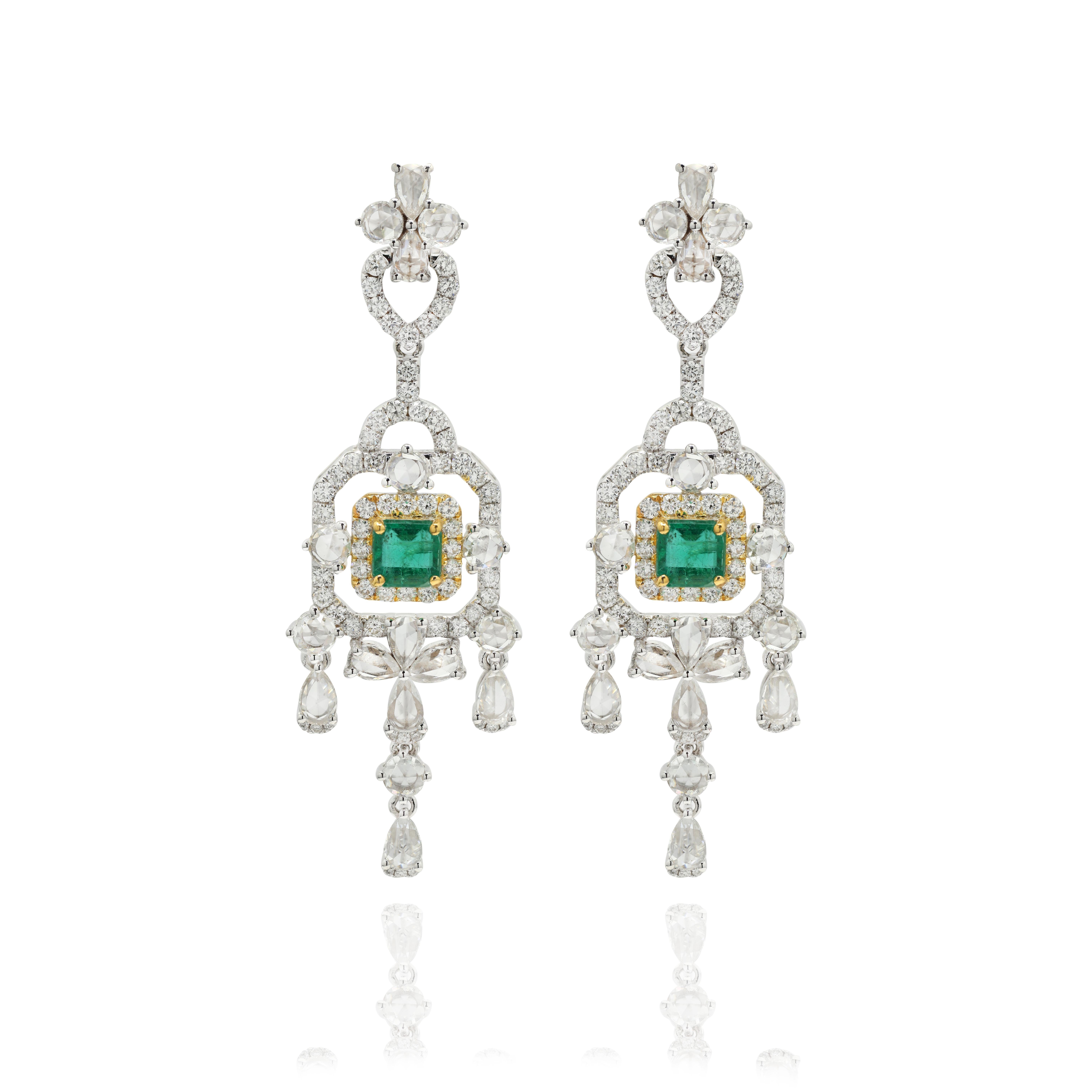 Emerald and diamond chandelier earrings to make a statement with your look. These earrings create a sparkling, luxurious look featuring octagon cut gemstone.
If you love to gravitate towards unique styles, this piece of jewelry is perfect for