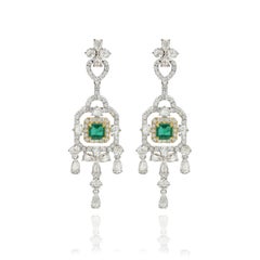 Art Nouveau Emerald and Diamond Chandelier Earrings Studded in 14K White Gold