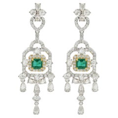 Art Nouveau Emerald and Diamond Chandelier Earrings Studded in 14K White Gold