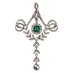 Art Nouveau Emerald Diamond Natural Orient Pearl Pendant, circa 1900