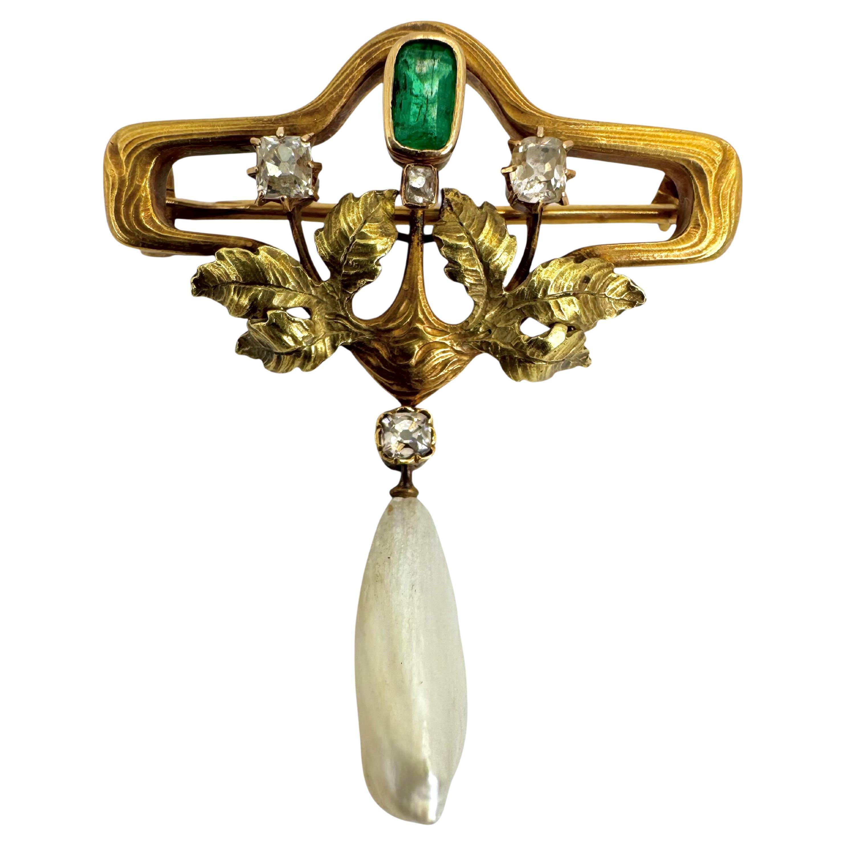 Art Nouveau Emerald, Diamond & Natural Pearl Foliate Brooch in 18K Gold