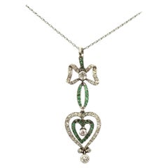 Antique Art Nouveau Emerald Diamond Platinum and Gold Heart Pendant, circa 1915