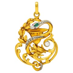 Art Nouveau Emerald Diamond Platinum-Topped 18 Karat Gold Snake Pendant