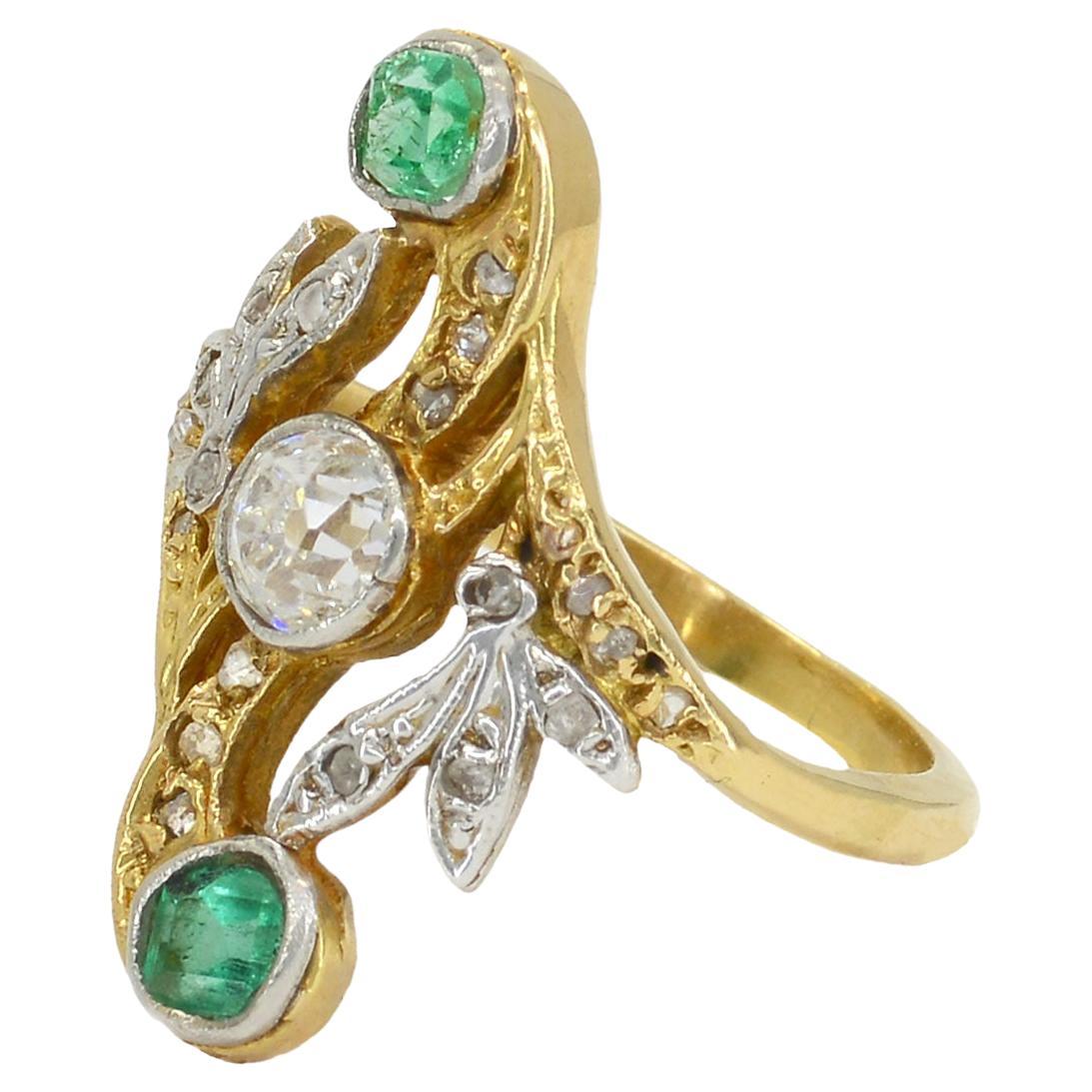 Art Nouveau Emerald & Diamond Trilogy Engagement Ring