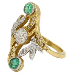 Art Nouveau Emerald & Diamond Trilogy Engagement Ring