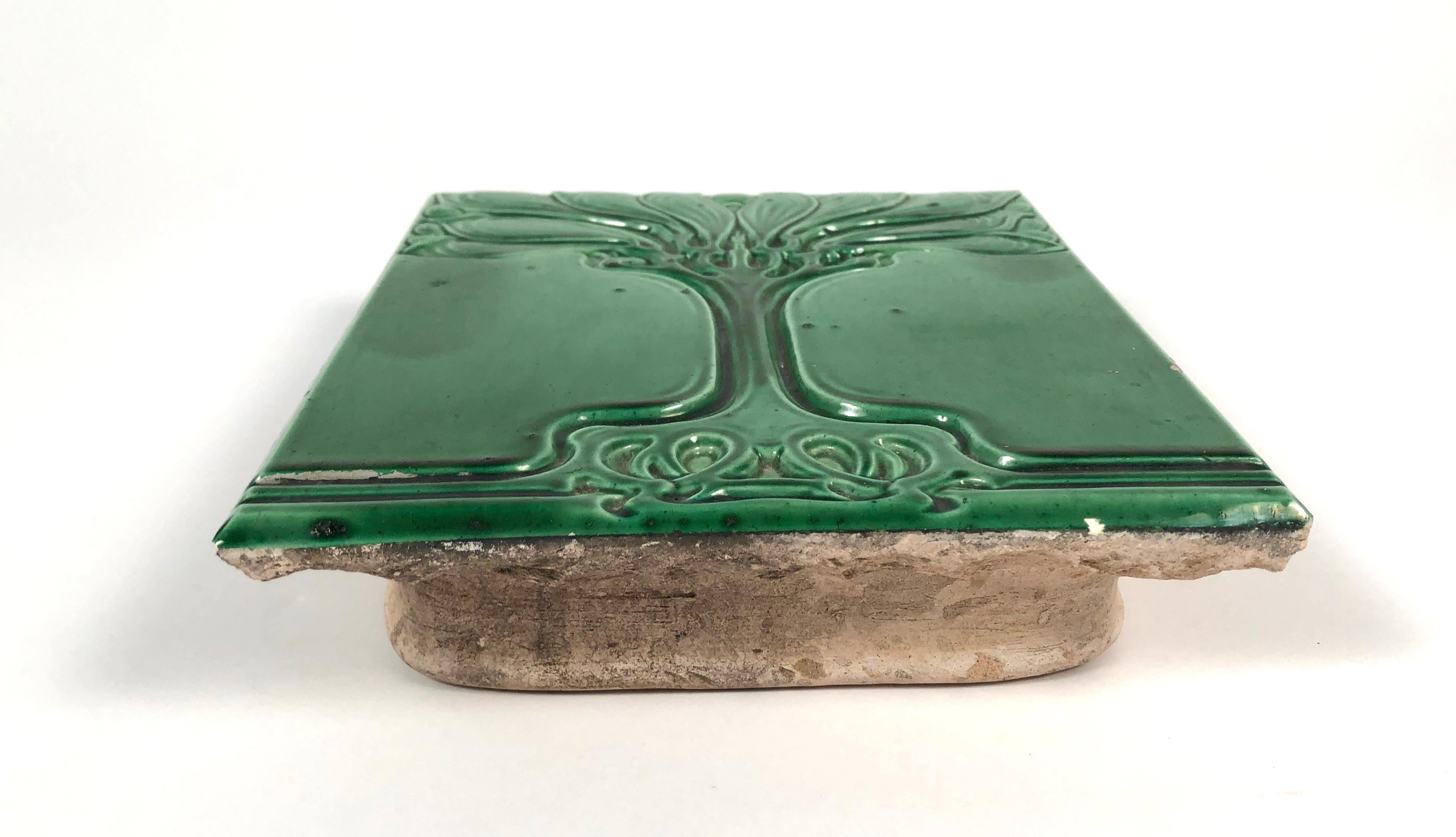 Early 20th Century Art Nouveau Emerald Green Glazed Tree Ceramic Tile