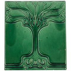 Antique Art Nouveau Emerald Green Glazed Tree Ceramic Tile