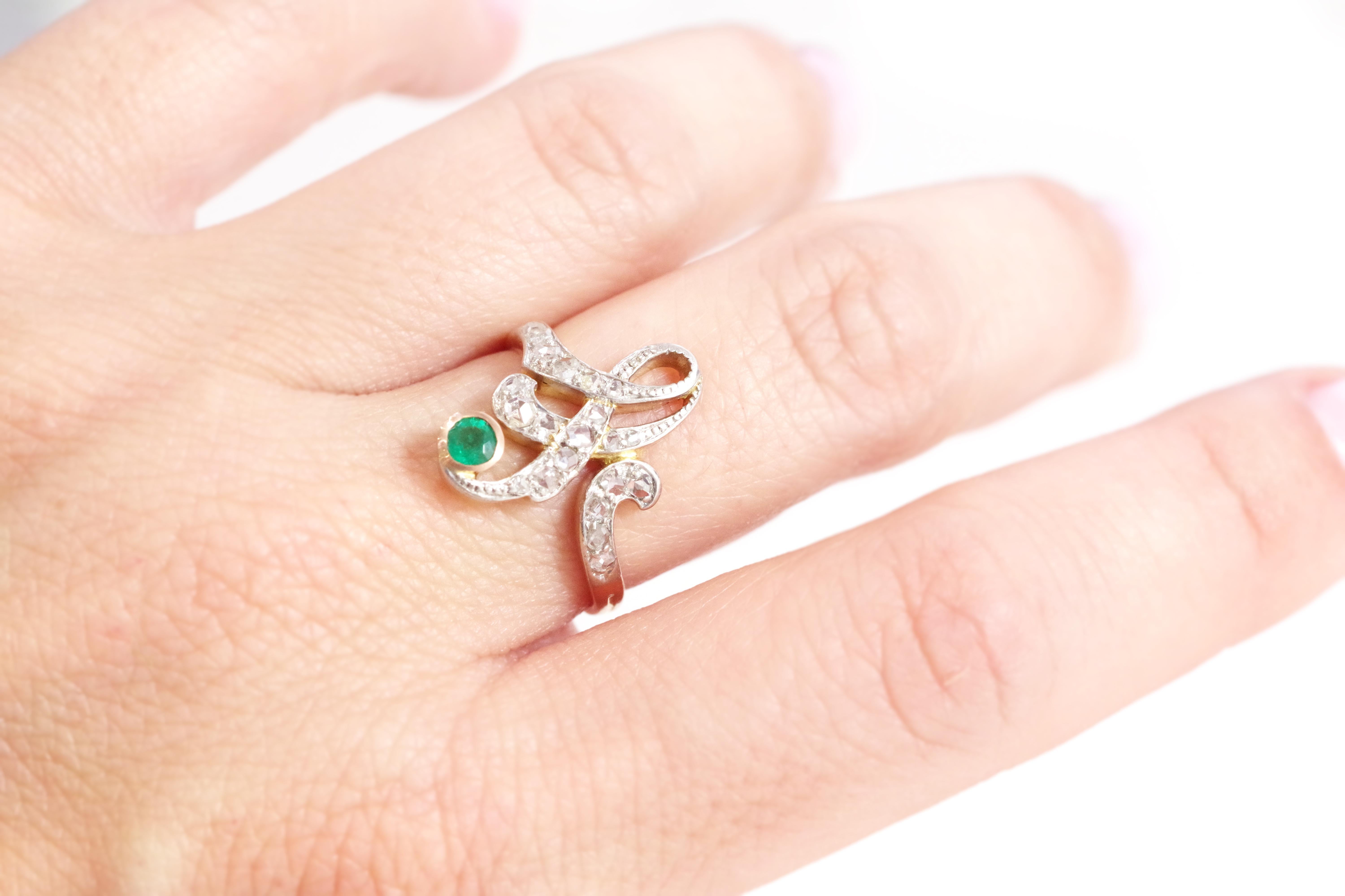 Art Nouveau emerald ring in 18k rose gold, platinum, rose-cut diamonds 1