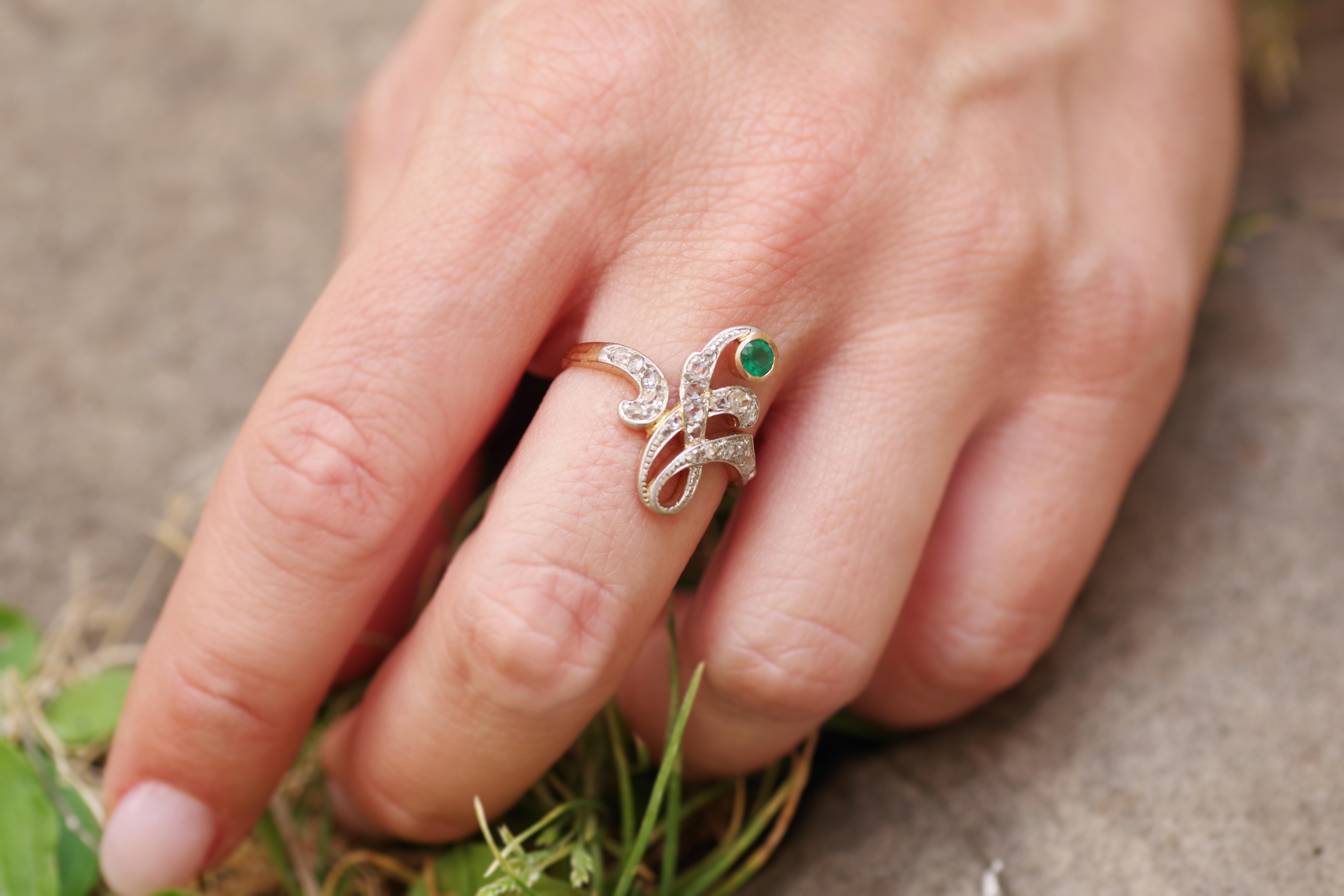 Art Nouveau emerald ring in 18k rose gold, platinum, rose-cut diamonds 2
