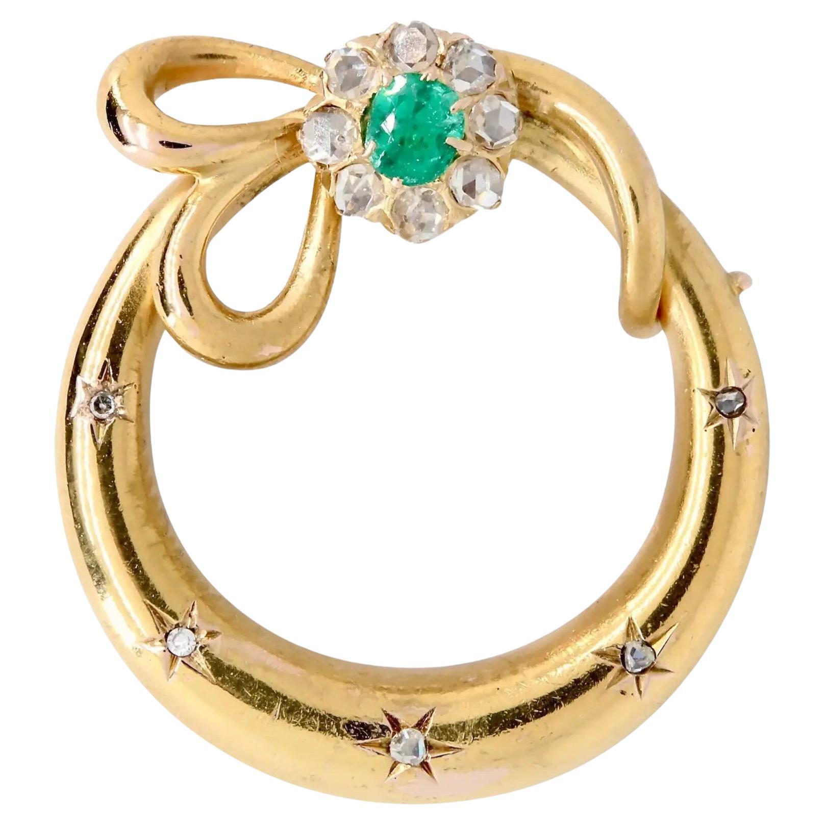 Art Nouveau Emerald & Rose Cut Diamond Pendant in 18K Yellow Gold For Sale