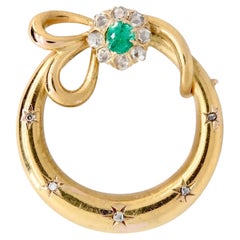 Antique Art Nouveau Emerald & Rose Cut Diamond Pendant in 18K Yellow Gold