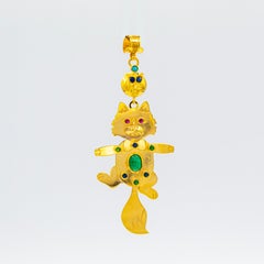 Art Nouveau Emerald Ruby Blue Sapphire Turquoise Yellow Gold "Cat" Pendant