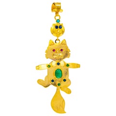 Art Nouveau Emerald Ruby Blue Sapphire Turquoise Yellow Gold "Cat" Pendant