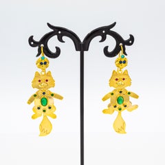 Art Nouveau Emerald Ruby Blue Sapphire Turquoise Yellow Gold Drop Cat Earrings