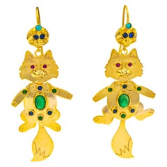 Art Nouveau Emerald Ruby Blue Sapphire Turquoise Yellow Gold Drop Cat Earrings