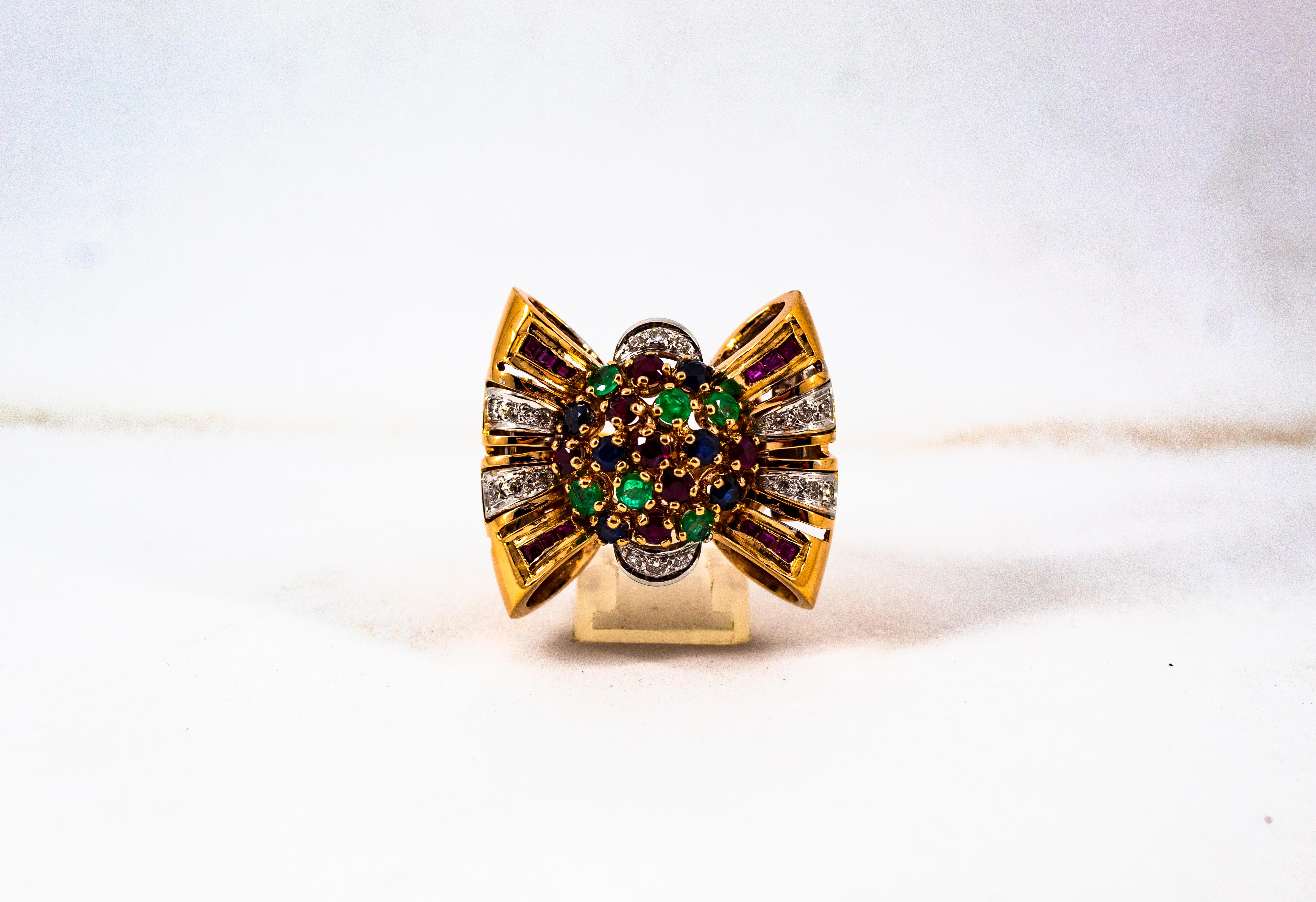 Art Nouveau Emerald Ruby Blue Sapphire White Diamond Yellow Gold Cocktail Ring For Sale 5