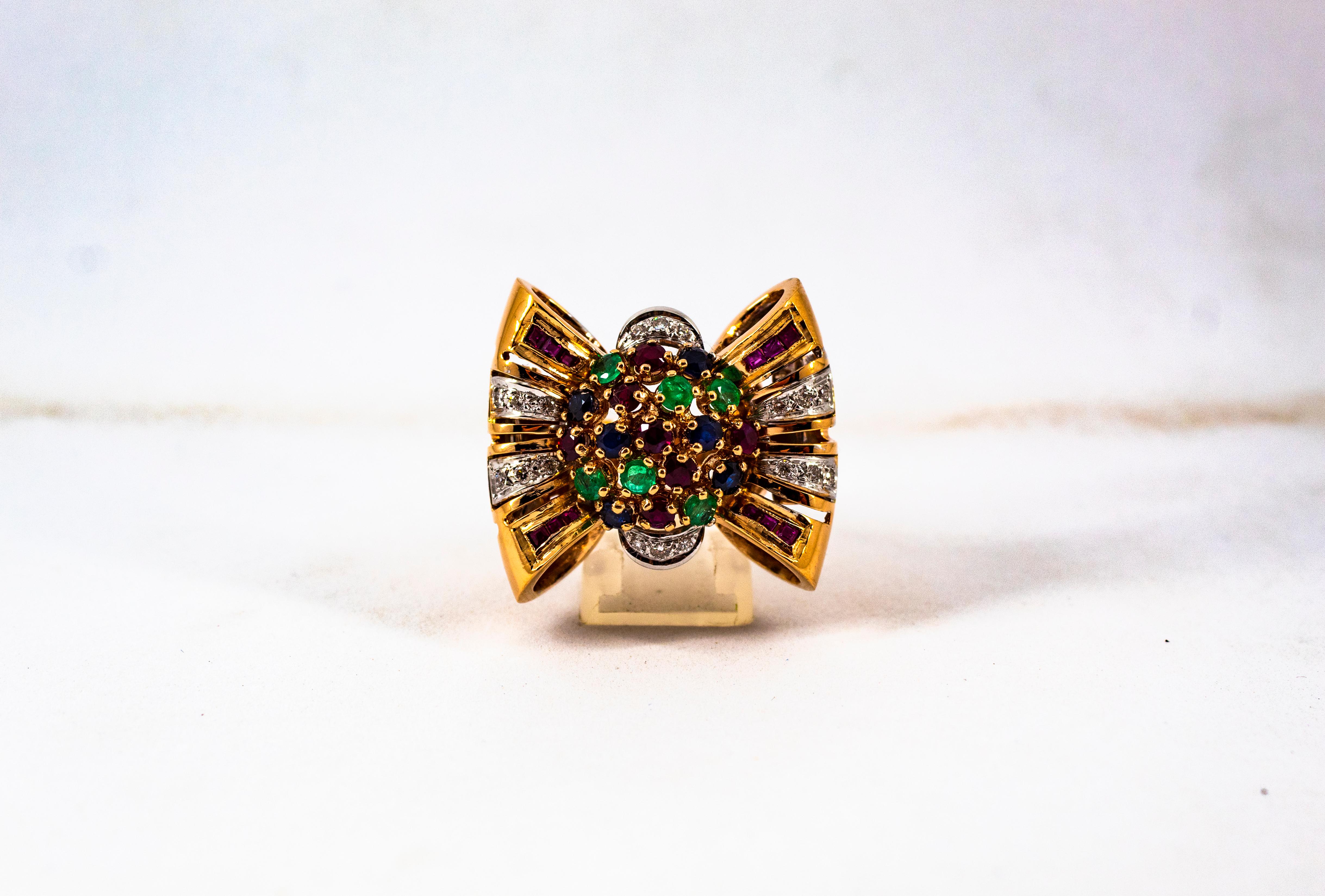 Art Nouveau Emerald Ruby Blue Sapphire White Diamond Yellow Gold Cocktail Ring For Sale 6