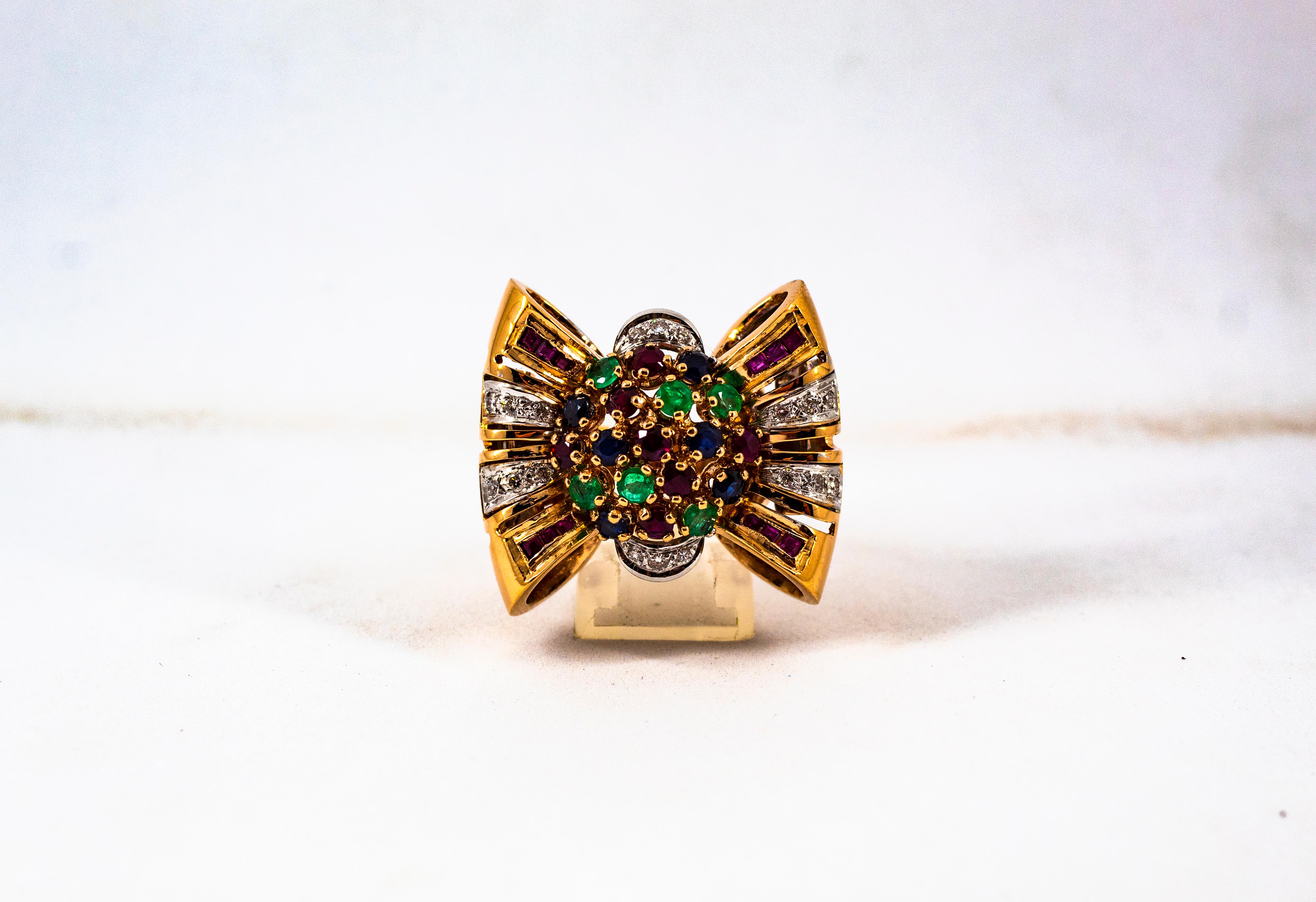 Art Nouveau Emerald Ruby Blue Sapphire White Diamond Yellow Gold Cocktail Ring For Sale 7