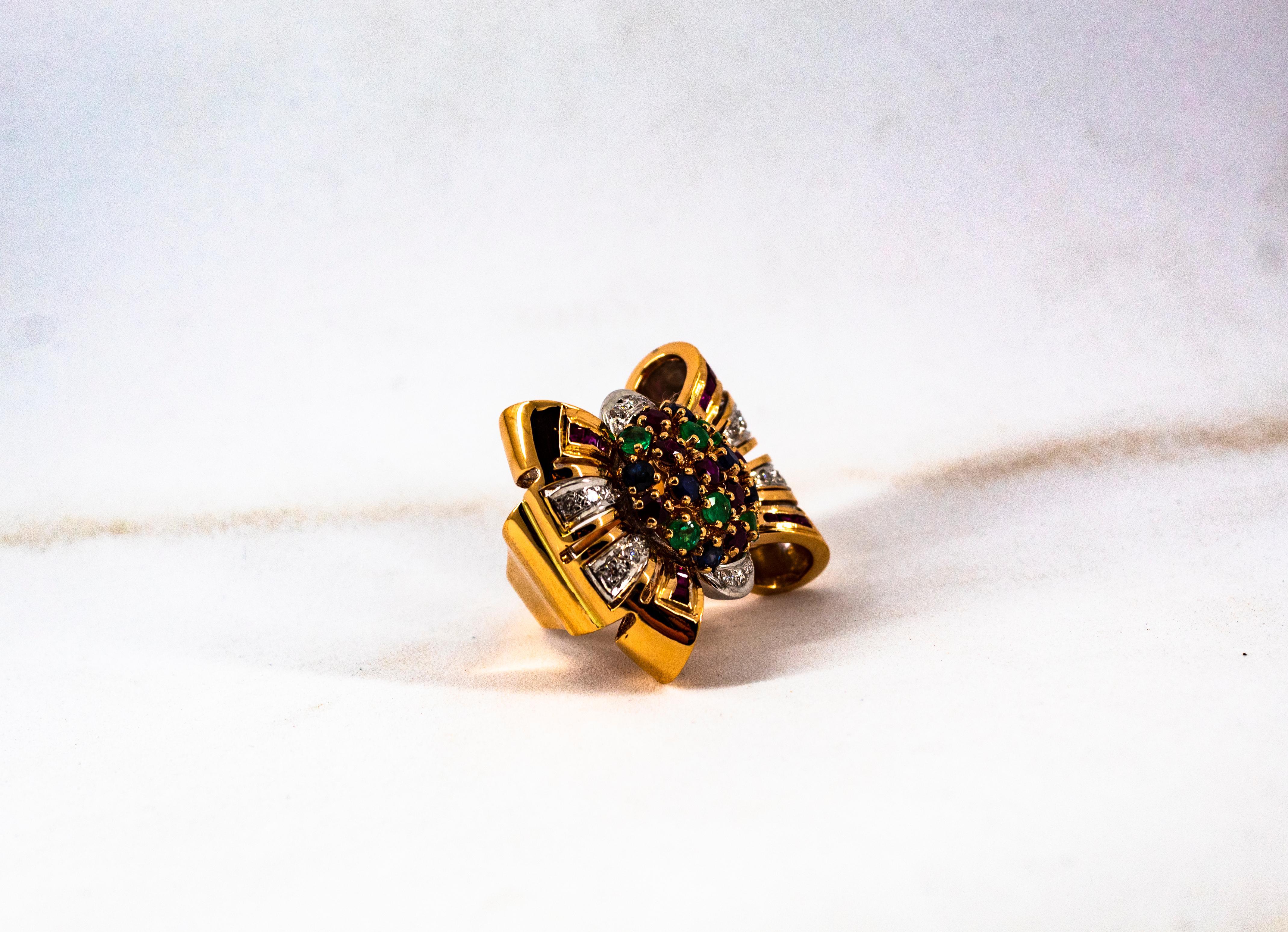 Art Nouveau Emerald Ruby Blue Sapphire White Diamond Yellow Gold Cocktail Ring For Sale 8
