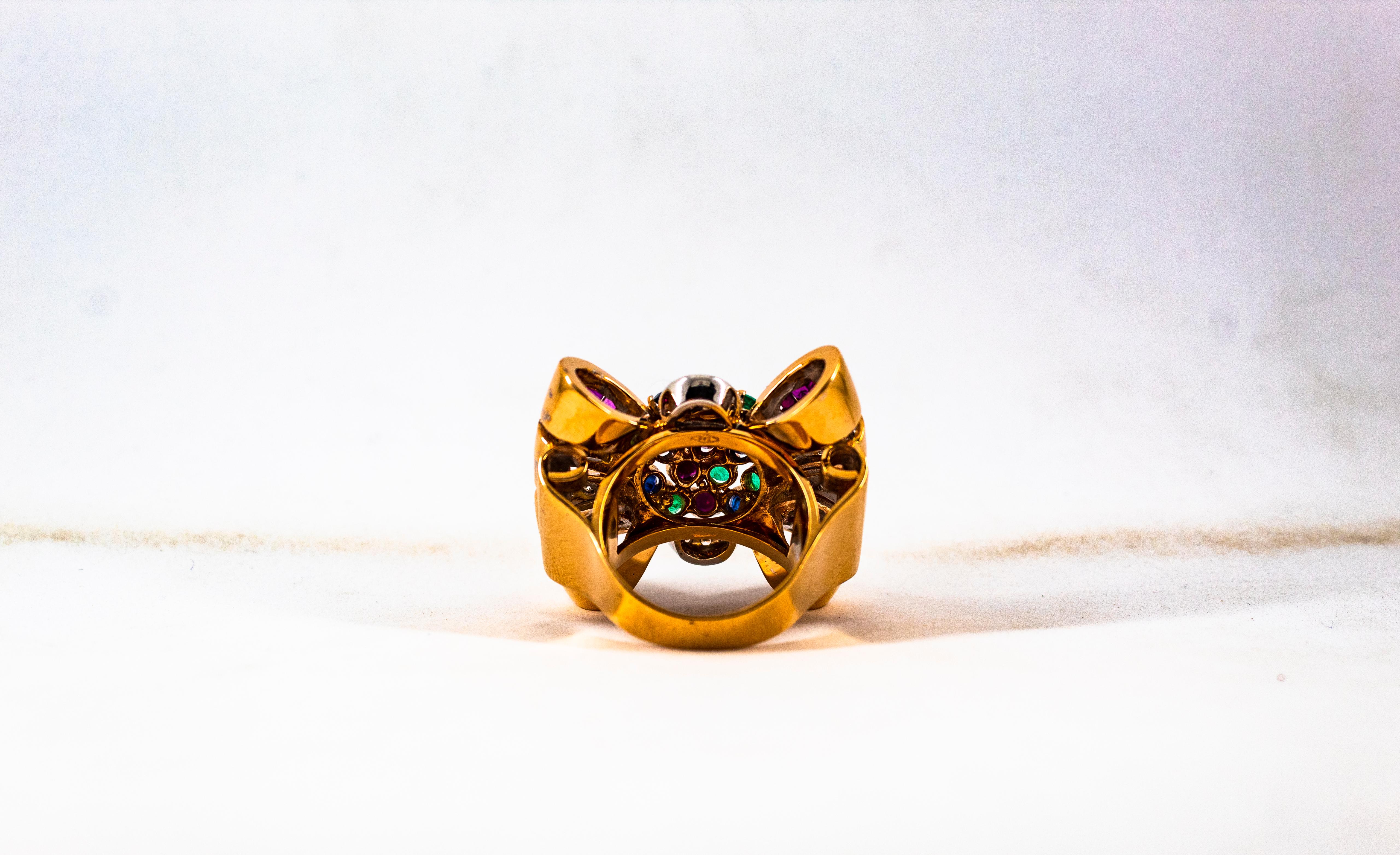 Art Nouveau Emerald Ruby Blue Sapphire White Diamond Yellow Gold Cocktail Ring For Sale 10