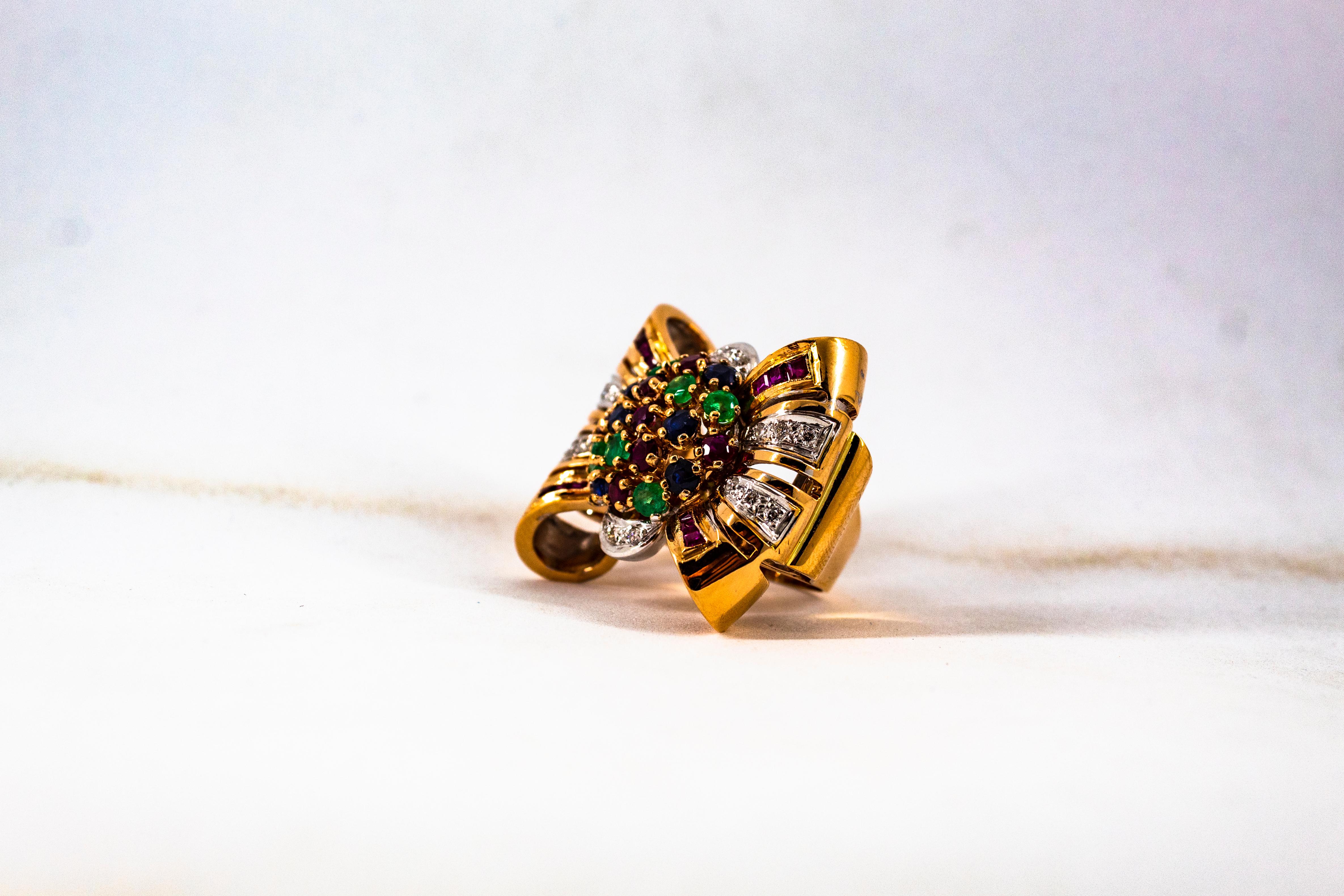Art Nouveau Emerald Ruby Blue Sapphire White Diamond Yellow Gold Cocktail Ring For Sale 11