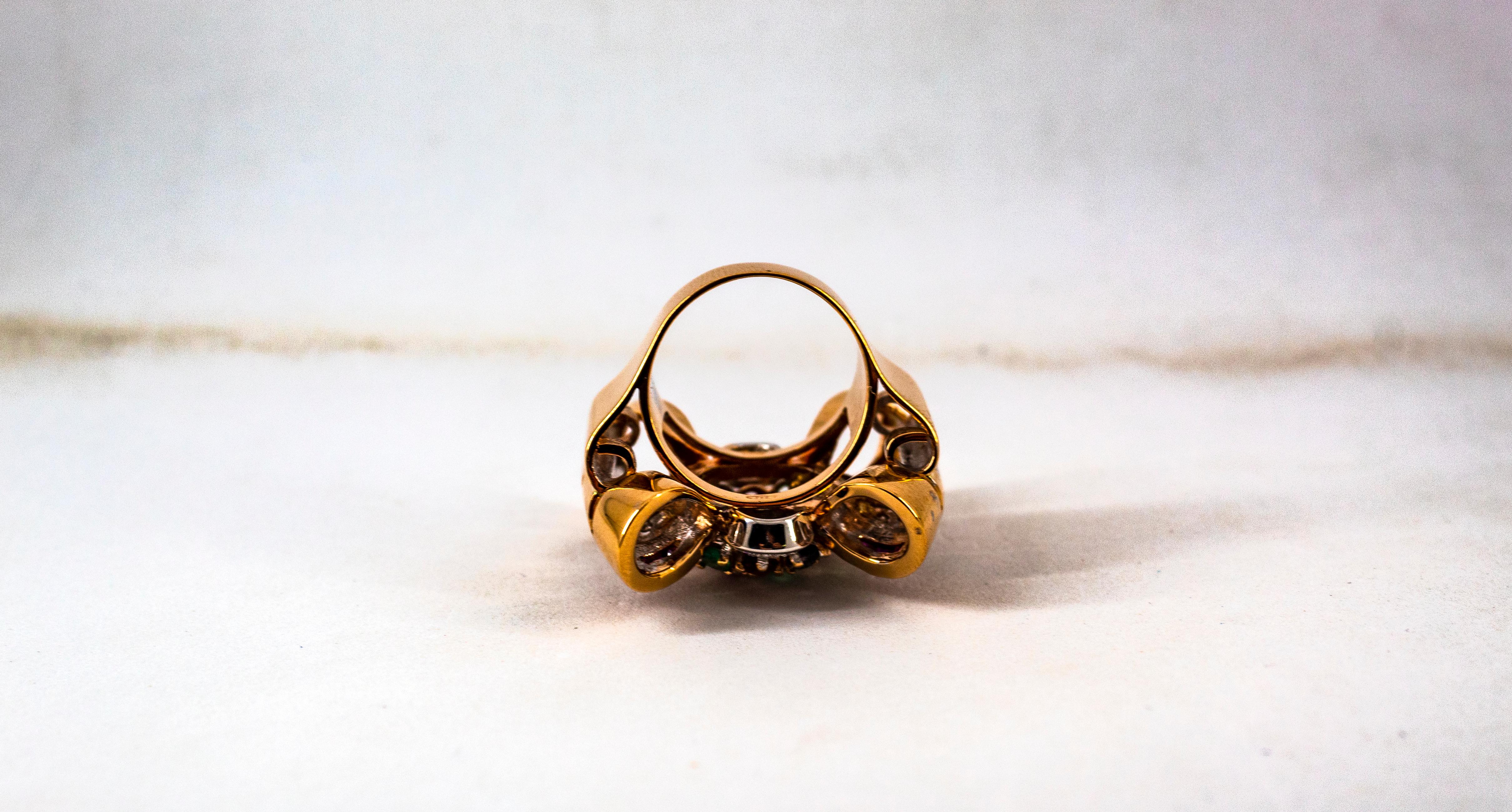 Art Nouveau Emerald Ruby Blue Sapphire White Diamond Yellow Gold Cocktail Ring For Sale 12