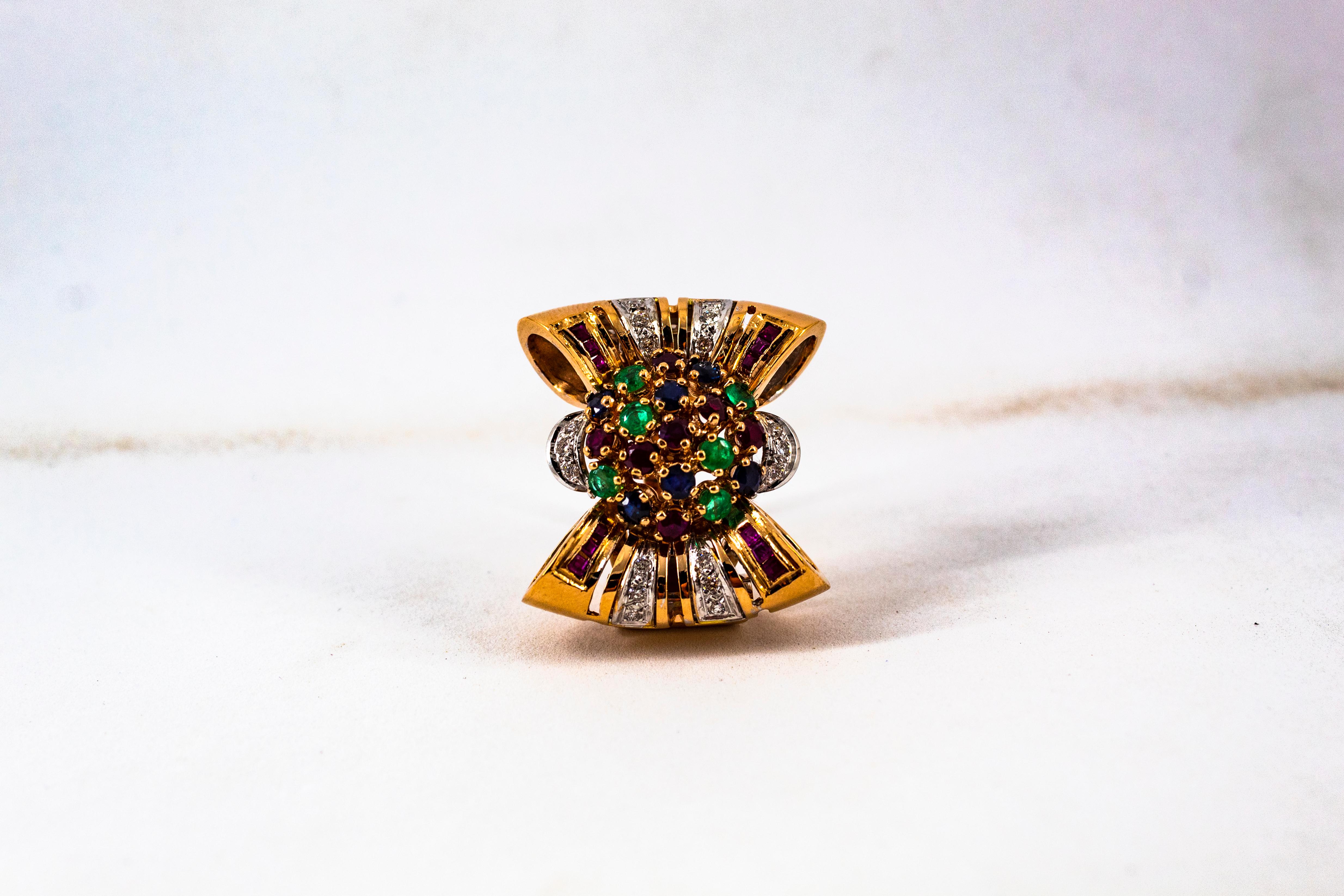 Art Nouveau Emerald Ruby Blue Sapphire White Diamond Yellow Gold Cocktail Ring For Sale 14