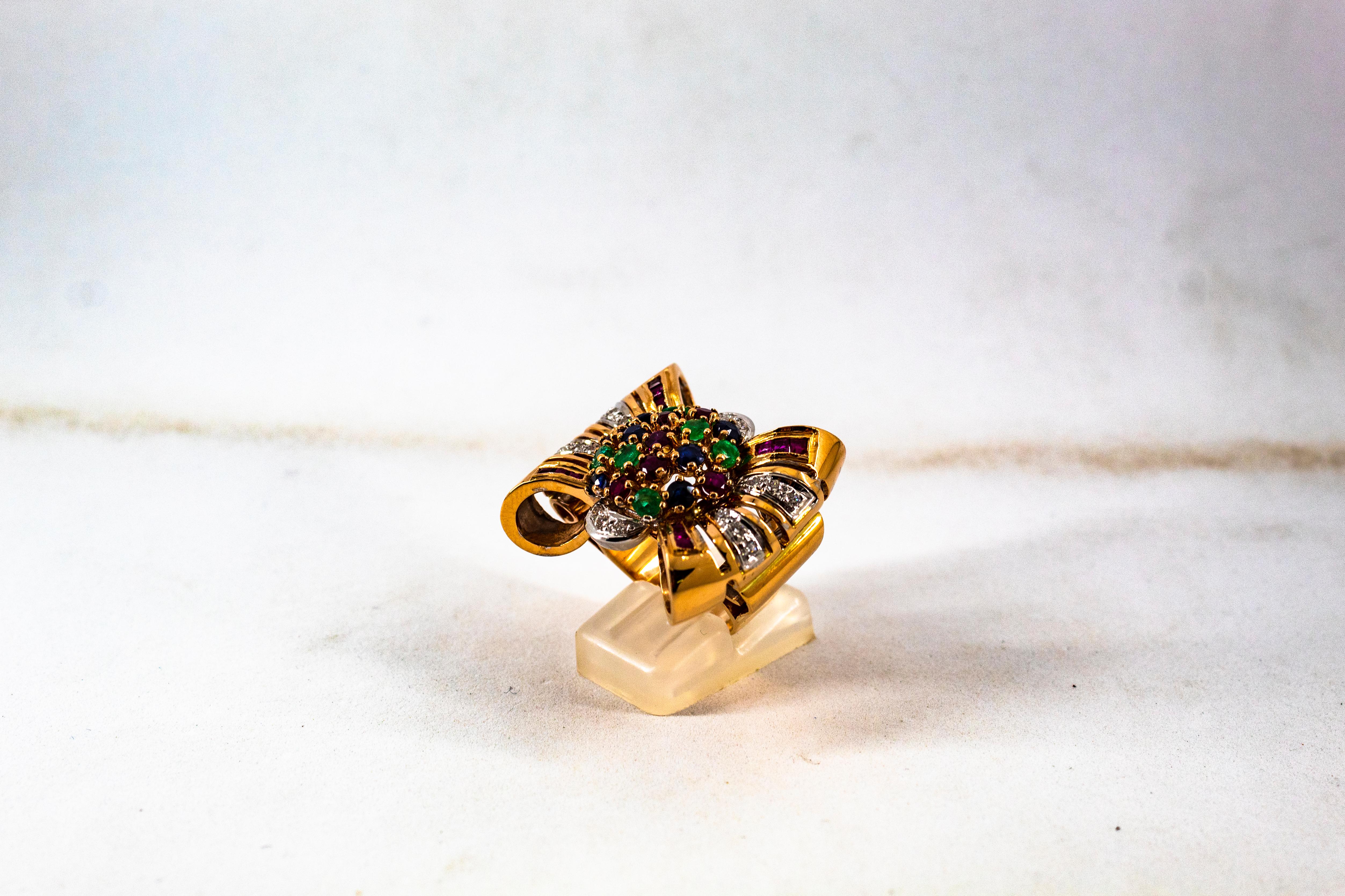 Brilliant Cut Art Nouveau Emerald Ruby Blue Sapphire White Diamond Yellow Gold Cocktail Ring