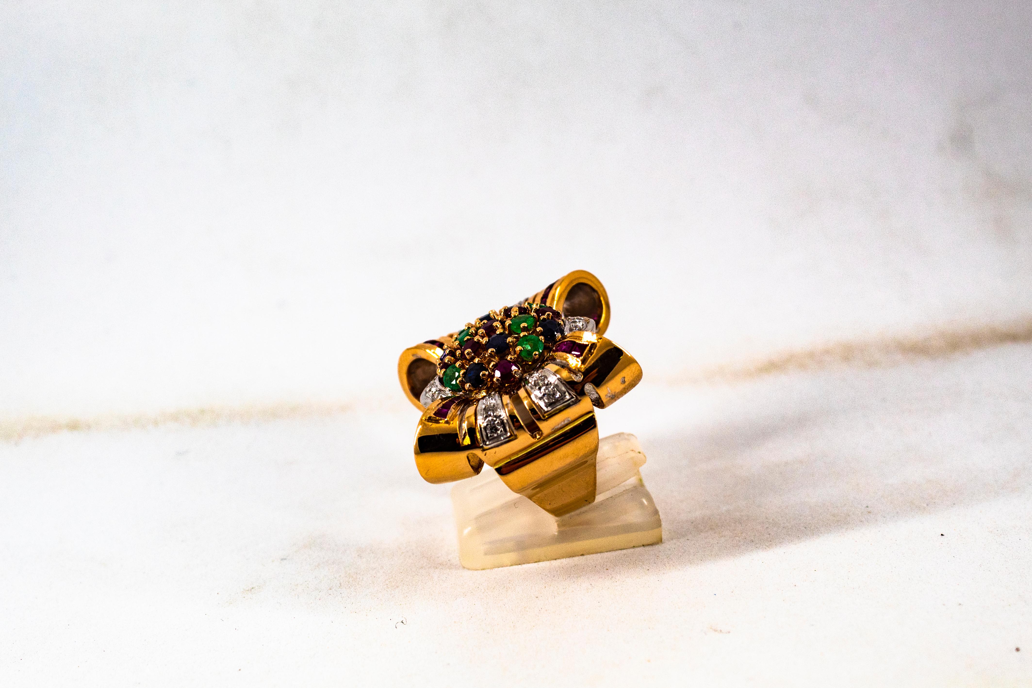 Art Nouveau Emerald Ruby Blue Sapphire White Diamond Yellow Gold Cocktail Ring In New Condition In Naples, IT