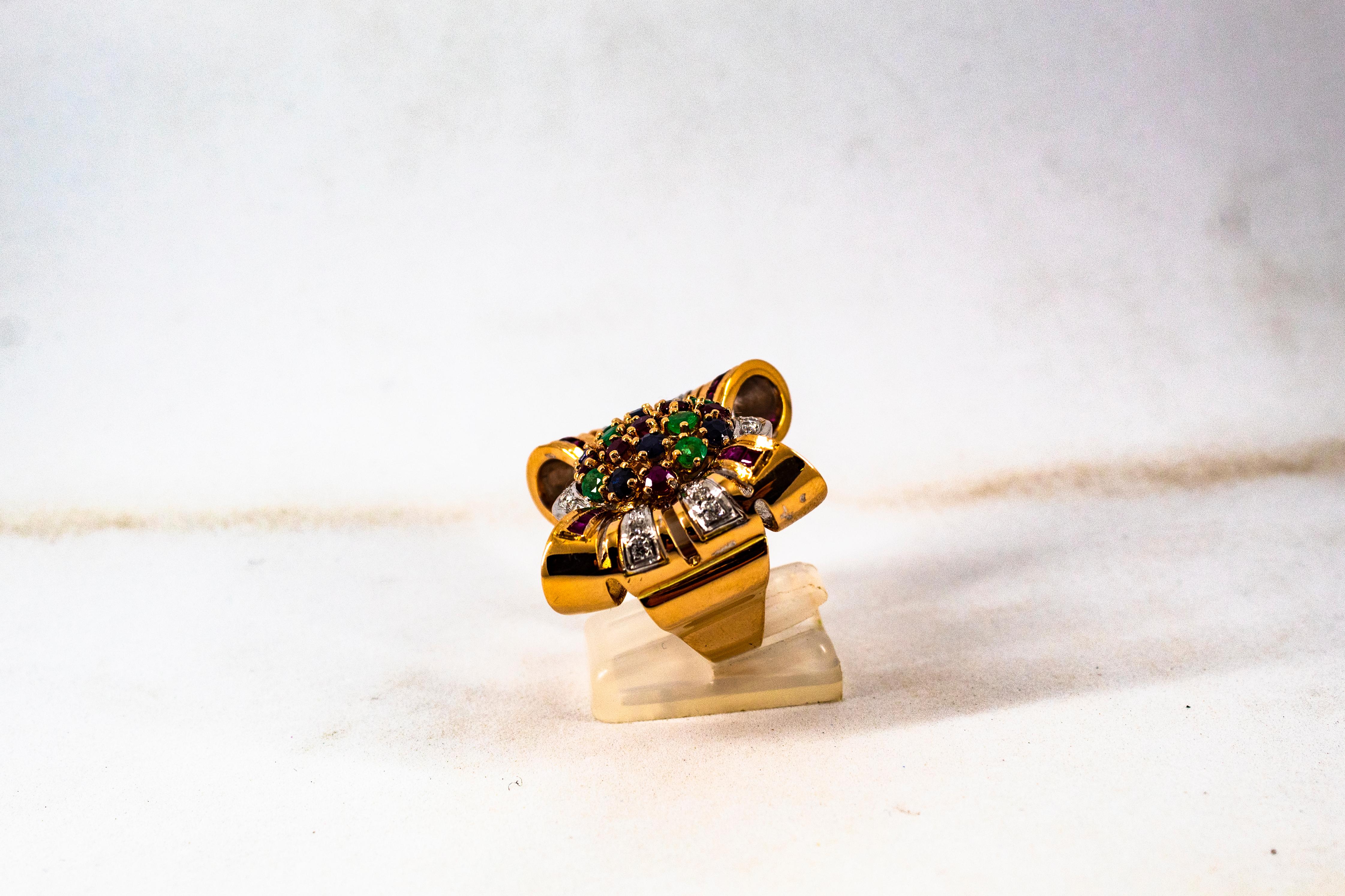 Women's or Men's Art Nouveau Emerald Ruby Blue Sapphire White Diamond Yellow Gold Cocktail Ring For Sale