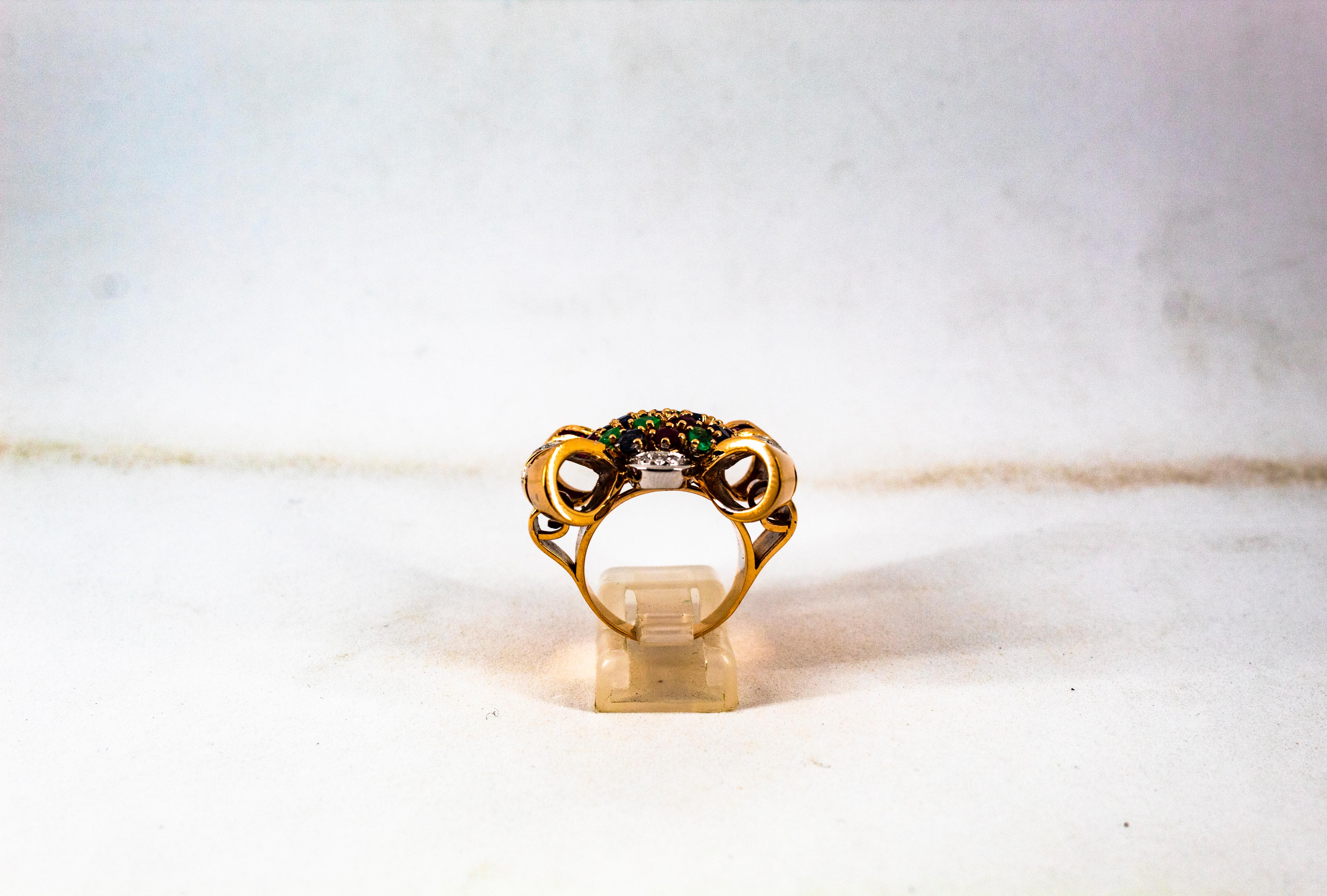 Art Nouveau Emerald Ruby Blue Sapphire White Diamond Yellow Gold Cocktail Ring For Sale 1