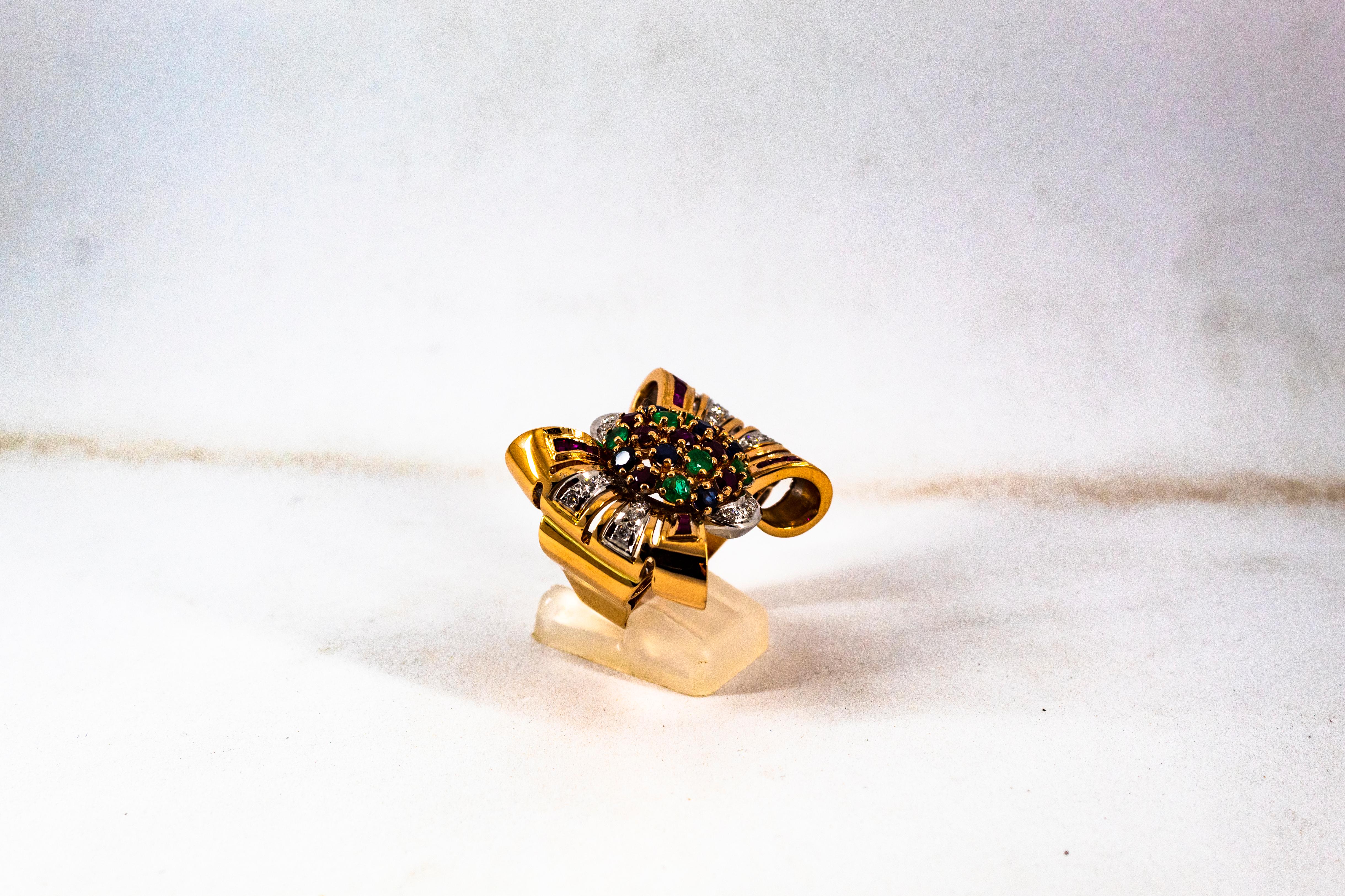Art Nouveau Emerald Ruby Blue Sapphire White Diamond Yellow Gold Cocktail Ring For Sale 2