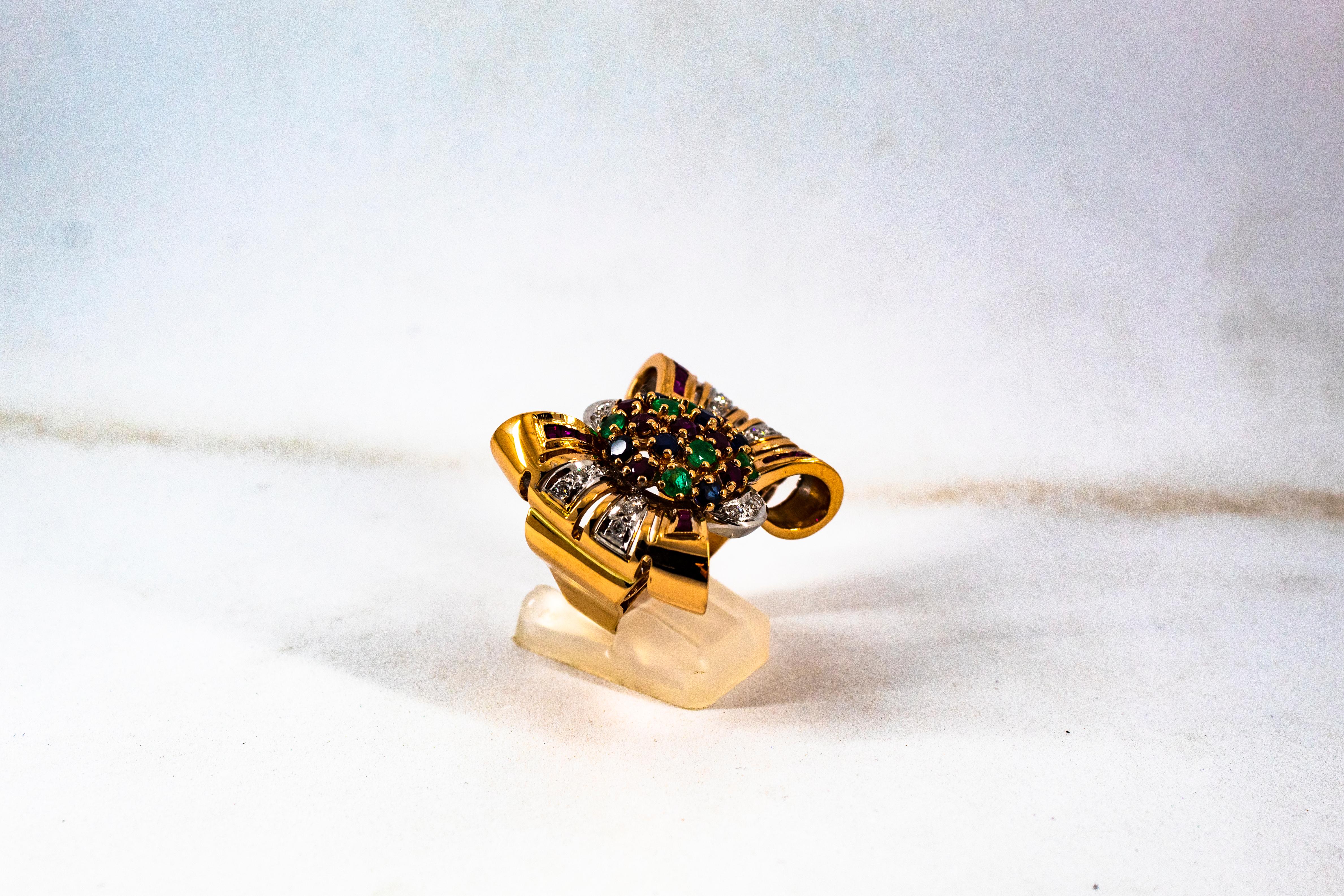 Art Nouveau Emerald Ruby Blue Sapphire White Diamond Yellow Gold Cocktail Ring For Sale 3