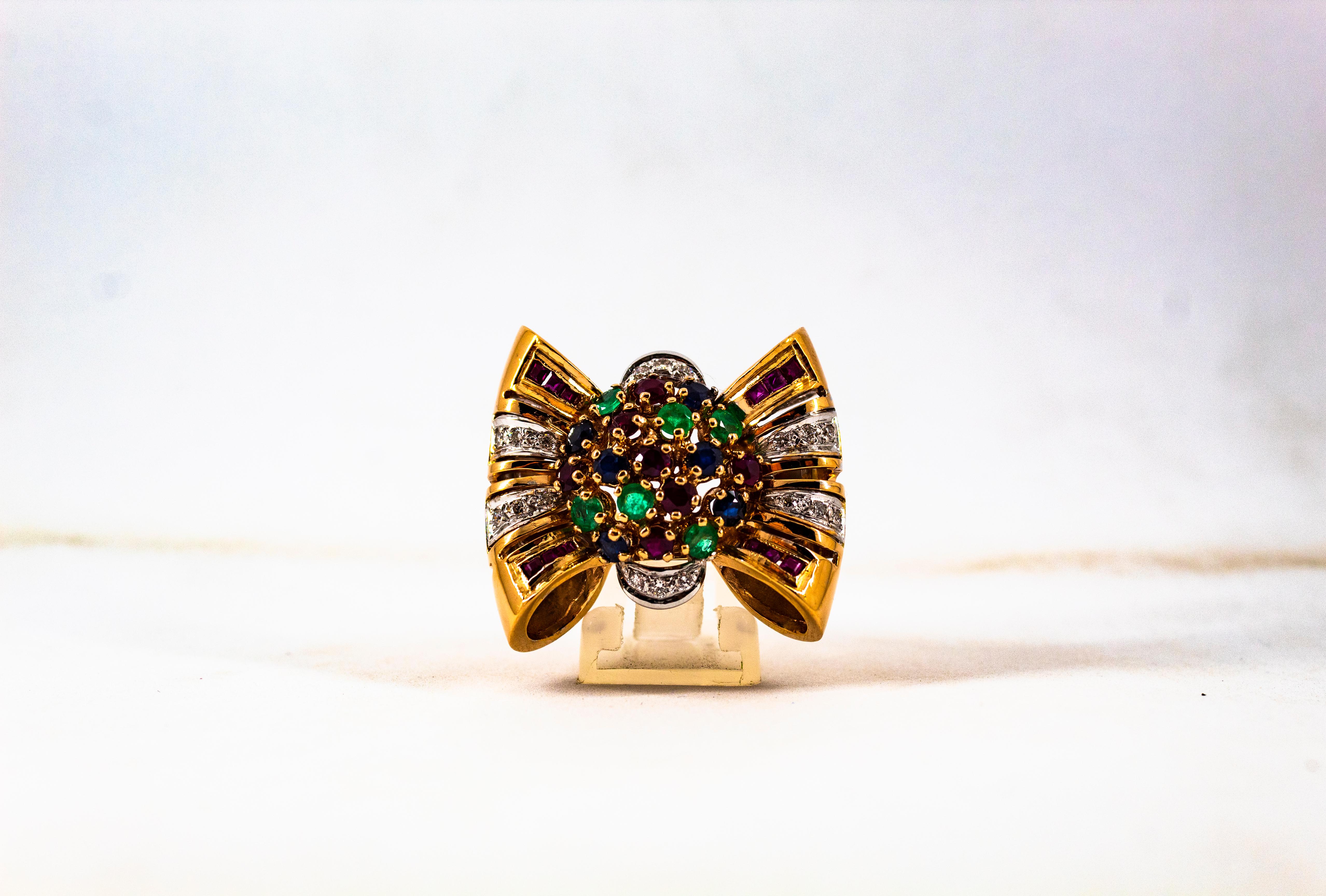Art Nouveau Emerald Ruby Blue Sapphire White Diamond Yellow Gold Cocktail Ring For Sale 4