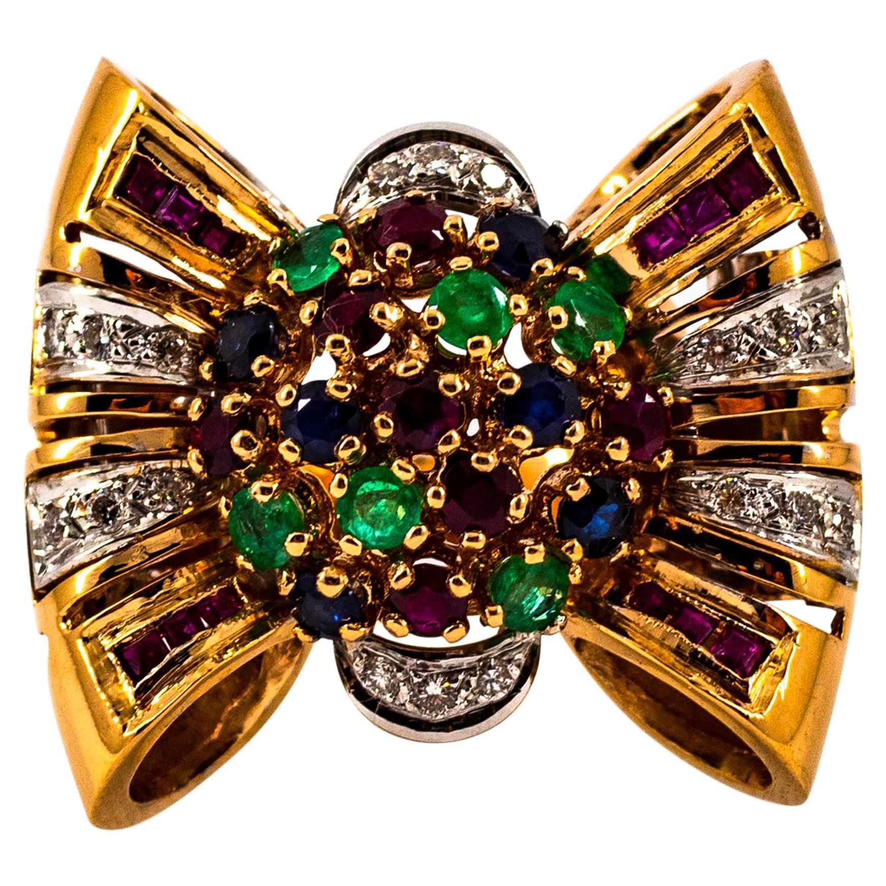 Art Nouveau Emerald Ruby Blue Sapphire White Diamond Yellow Gold Cocktail Ring For Sale