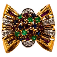 Art Nouveau Emerald Ruby Blue Sapphire White Diamond Yellow Gold Cocktail Ring