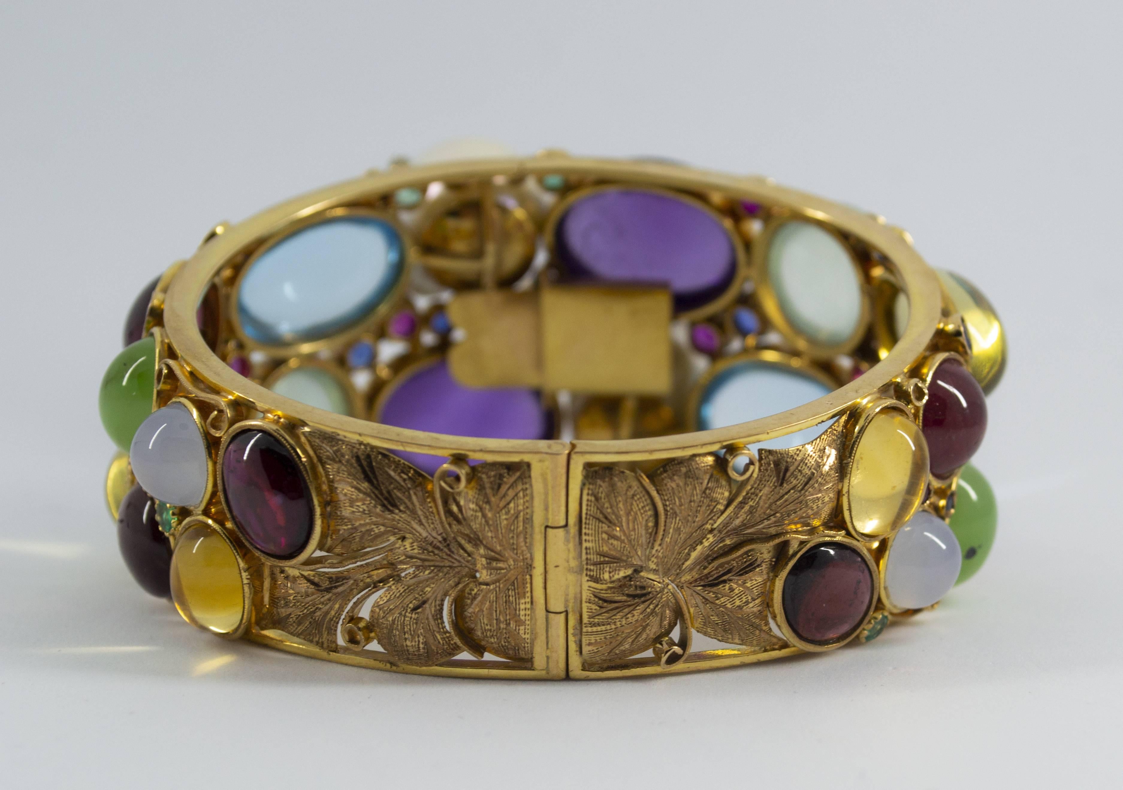 Bracciale Art Nouveau Smeraldo Rubino Zaffiro Diamante Tormalina Perla Oro Giallo In condizioni Nuovo in vendita a Naples, IT