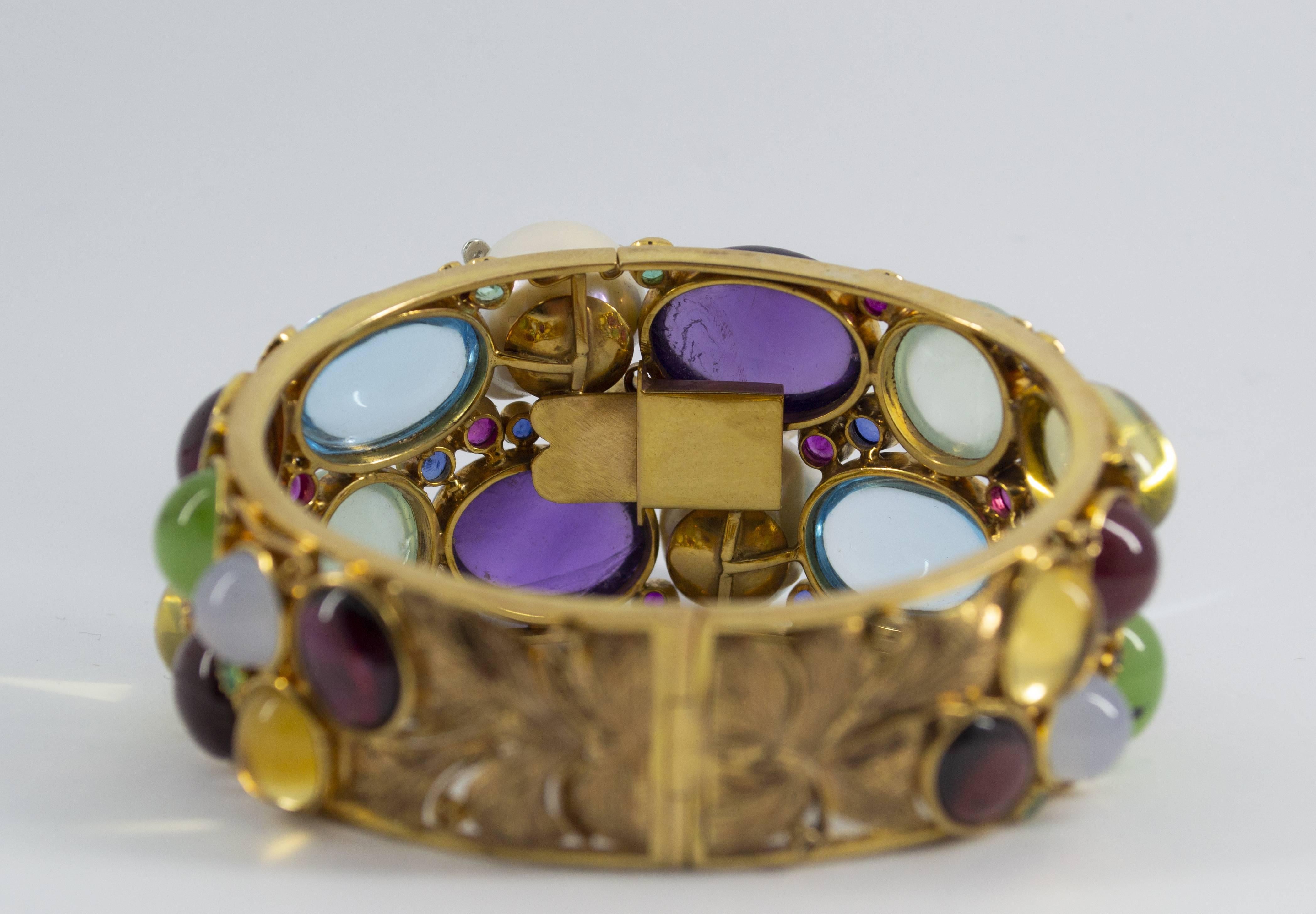 Women's or Men's Art Nouveau Emerald Ruby Sapphire Diamond Tourmaline Pearl Yellow Gold Bracelet