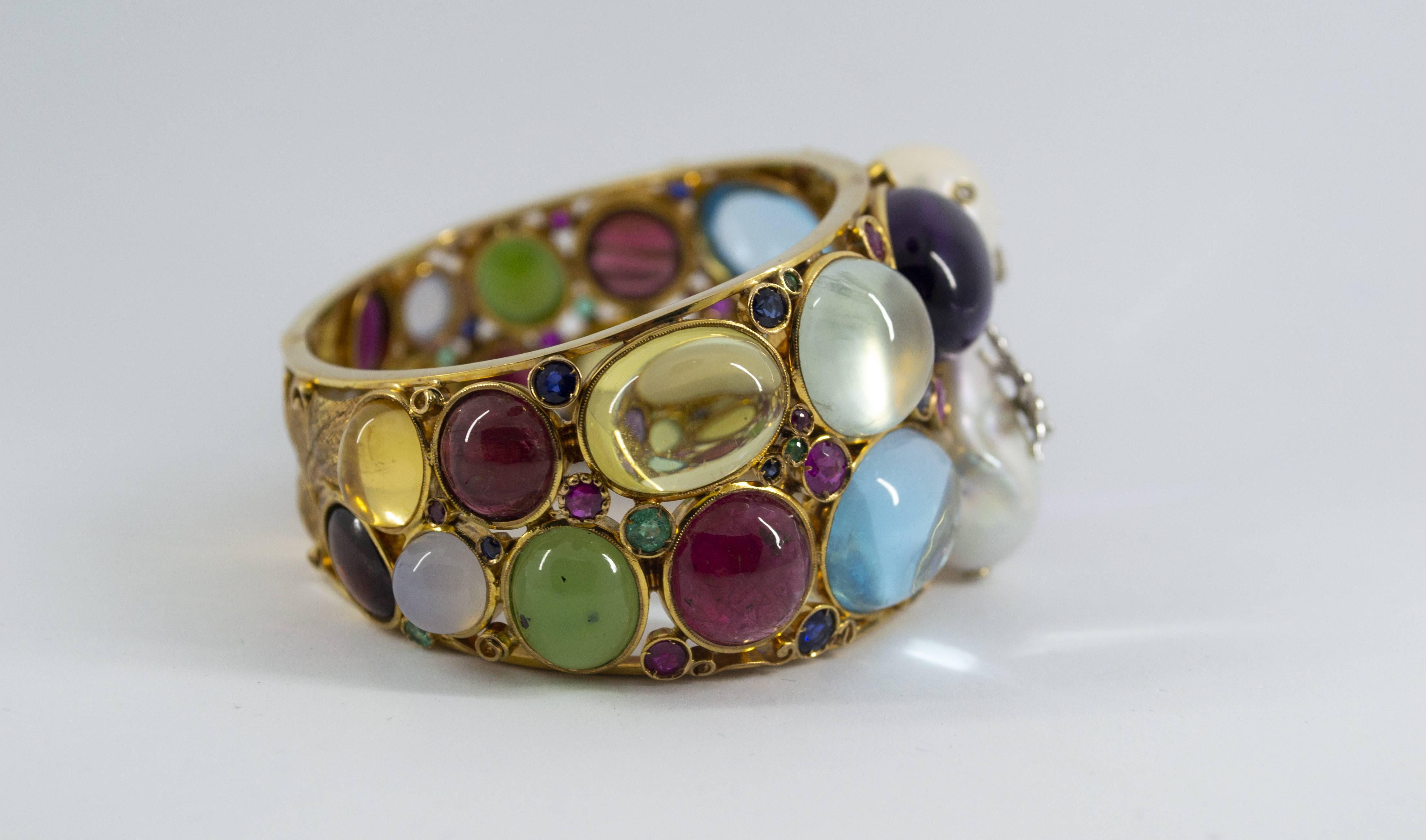 Bracciale Art Nouveau Smeraldo Rubino Zaffiro Diamante Tormalina Perla Oro Giallo in vendita 1