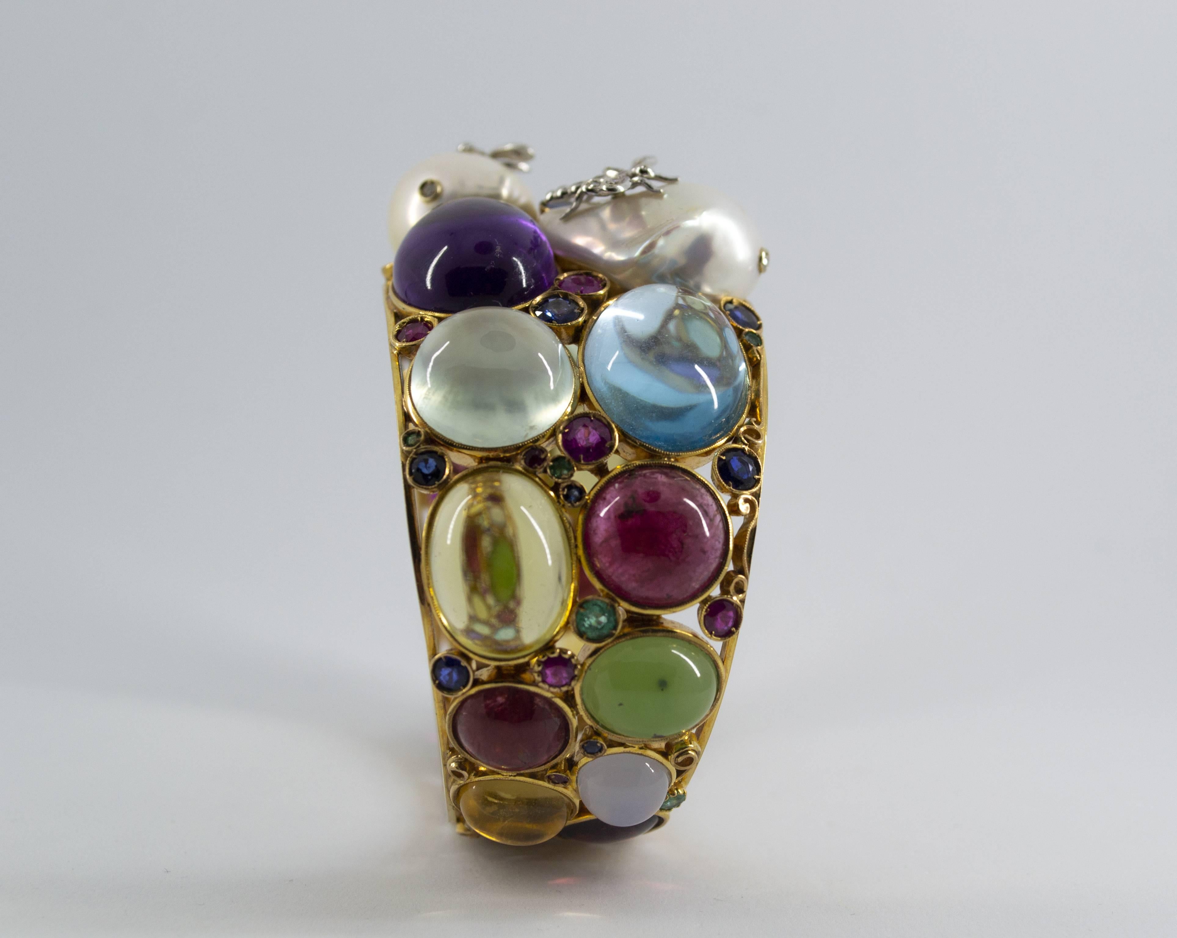 Women's or Men's Art Nouveau Emerald Ruby Sapphire Diamond Tourmaline Pearl Yellow Gold Bracelet