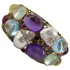 Art Nouveau Emerald Ruby Sapphire Diamond Tourmaline Pearl Yellow Gold Bracelet