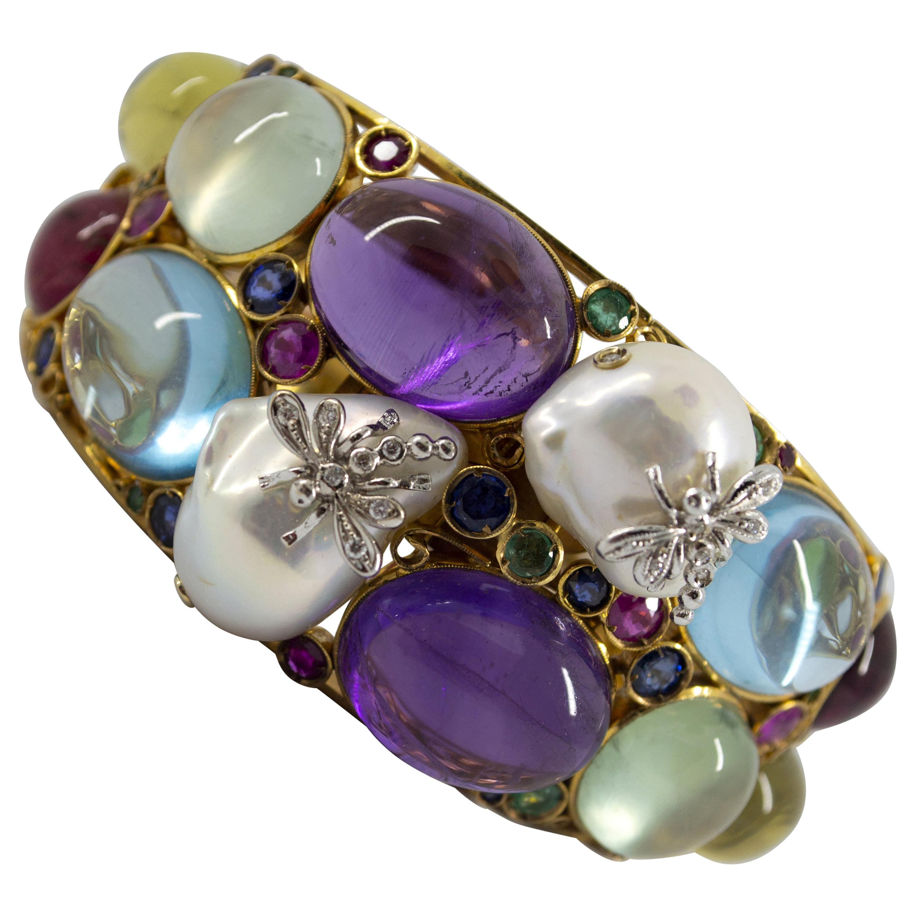 Art Nouveau Emerald Ruby Sapphire Diamond Tourmaline Pearl Yellow Gold Bracelet For Sale