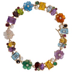 Art Nouveau Emerald Ruby Sapphire Pearl Diamond Yellow Gold Flowers Bracelet