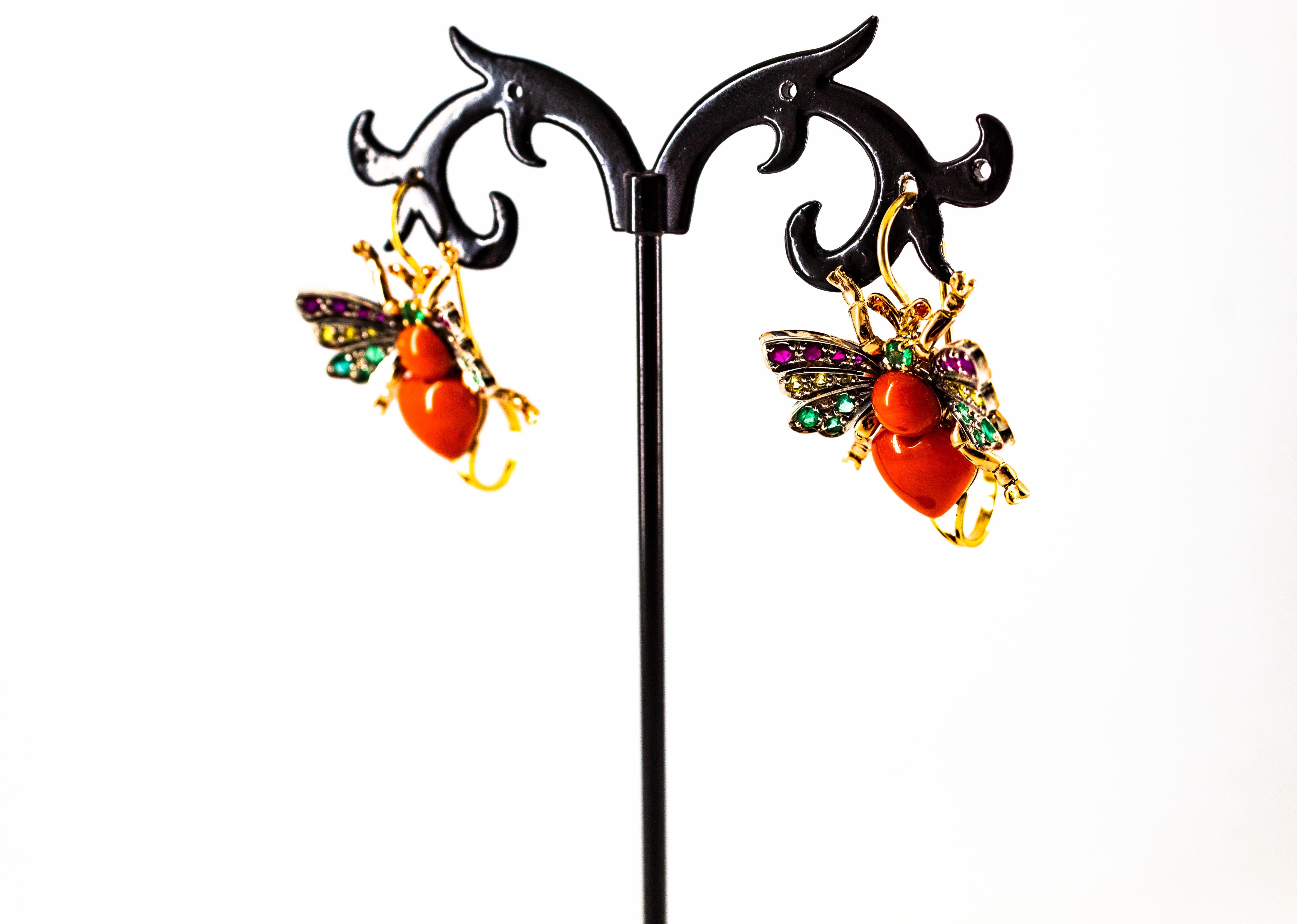 Art Nouveau Emerald Yellow Sapphire Ruby Coral Yellow Gold Lever-Back Earrings For Sale 5